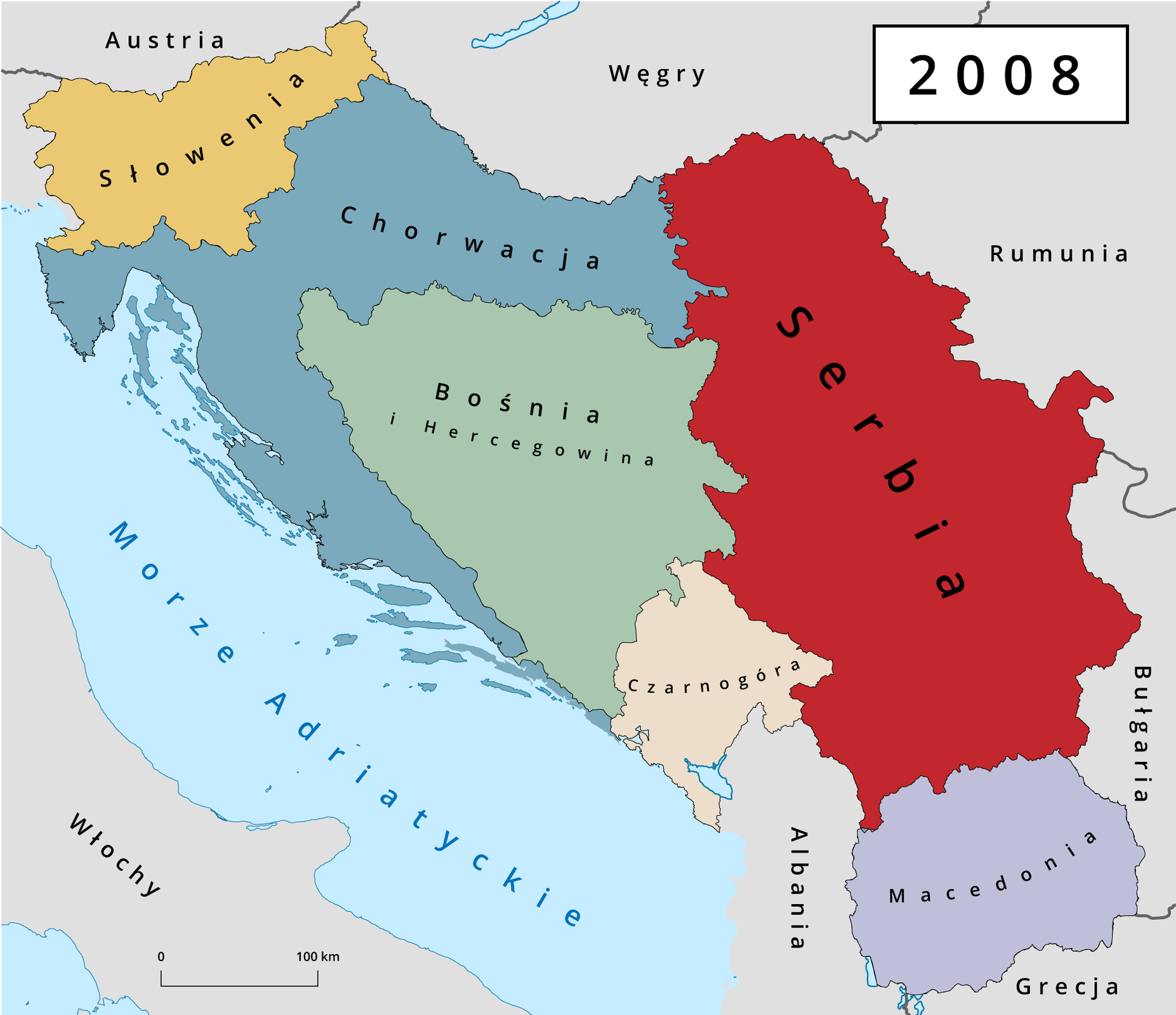  Na ilustracji widać dalszy etap rozpadu Jugosławii w 2008 roku. Od terenu Jugosławii odłączyła się wtedy Czarnogóra - kraj powstały nad Morzem Adriatyckim, leżący na południe od Bośni i Hercegowiny oraz Chorwacji, a na północ od Albanii. Pozostałe ziemie byłej Jugosławii przekształciły się w Serbię. 