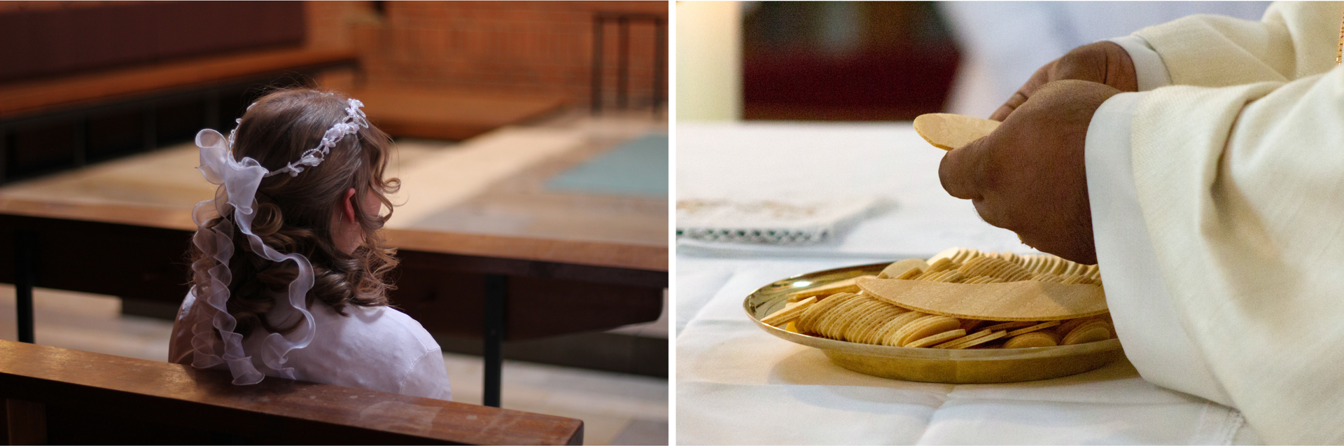 Grafika złożona jest z dwóch fotografii. Po lewej stronie widoczna jest dziewczynka w białej szacie, z białym wiankiem na włosach. Dziewczynka siedzi tyłem w ławce. Po prawej stornie widoczne są ręce kapłana trzymającego hostię nad złotym naczyniem. 