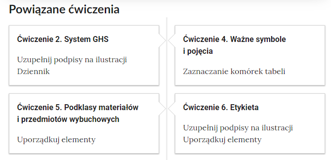 Zrzut ekranu przedstawiający nawigację po lekcji. Pierwsza zakładka prowadzi do ćwiczenia 2, system GHS. Druga zakładka prowadzi do ćwiczenia 4, ważnych symboli i pojęć. Trzecia zakładka prowadzi do ćwiczenia 5, podklasy materiałów i przedmiotów wybuchowych. Czwarta zakładka prowadzi do ćwiczenia 6, etykiety.