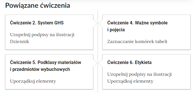 Zrzut ekranu przedstawiający nawigację po lekcji. Pierwsza zakładka prowadzi do ćwiczenia 2, system GHS. Druga zakładka prowadzi do ćwiczenia 4, ważnych symboli i pojęć. Trzecia zakładka prowadzi do ćwiczenia 5, podklasy materiałów i przedmiotów wybuchowych. Czwarta zakładka prowadzi do ćwiczenia 6, etykiety.