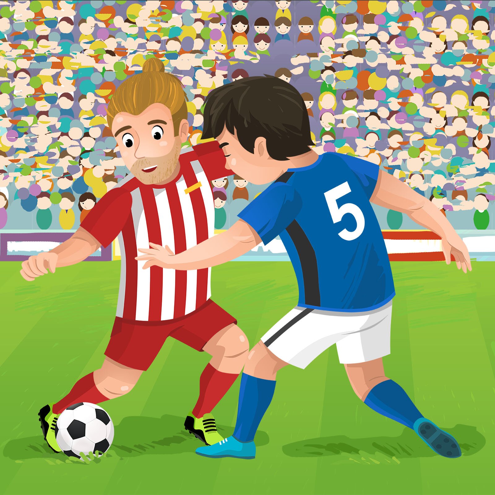 Ilustracja przedstawia stadion pełen kibiców. Na murawie dwóch piłkarzy z przeciwnych drużyn podczas meczu walczy o piłkę.