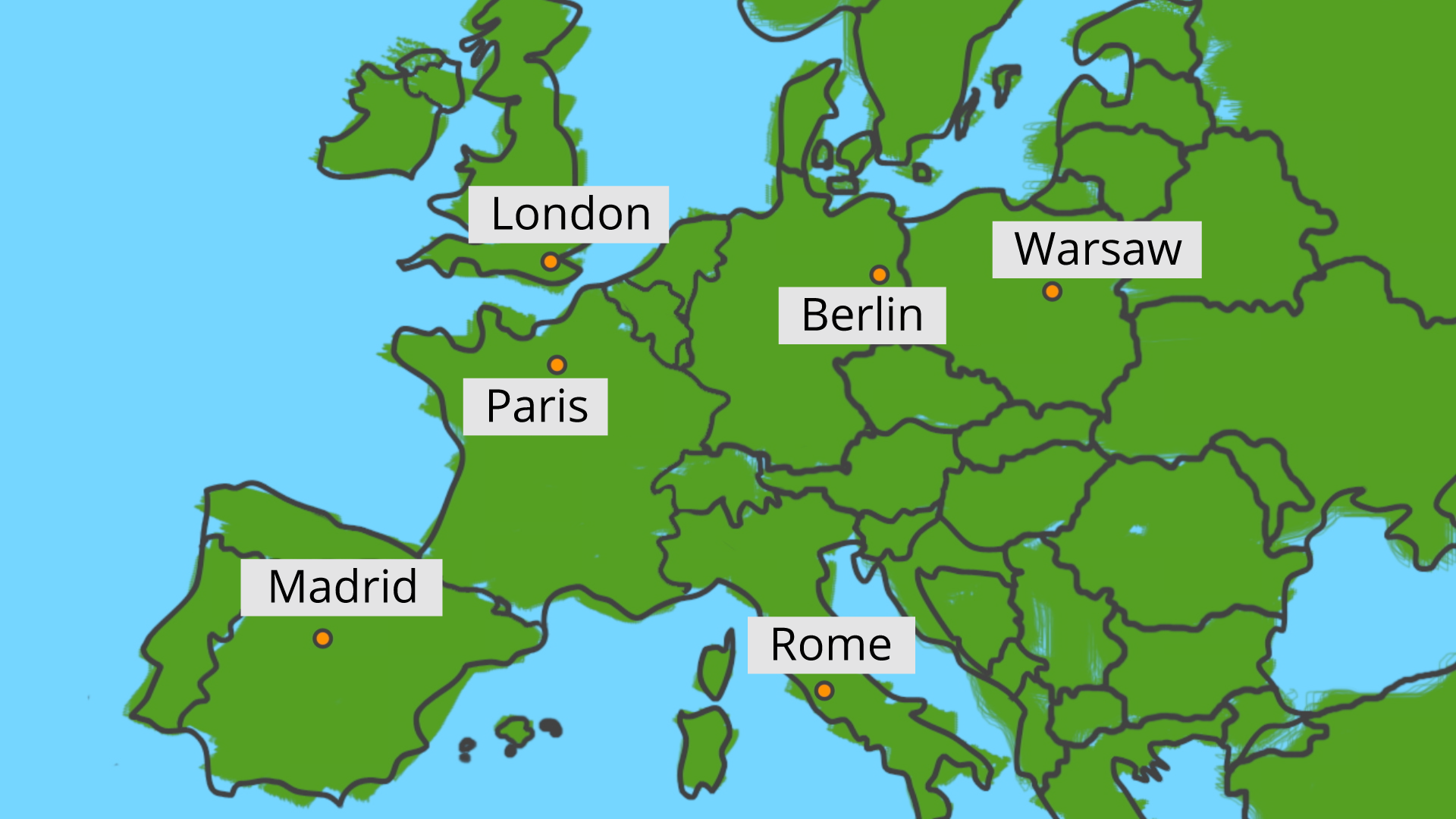 Rysunek przedstawia mapę Europy z zaznaczonymi na niej w postaci punktów stolicami niektórych Państw: London, Warsaw, Berlin, Paris, Madrid, Rome.