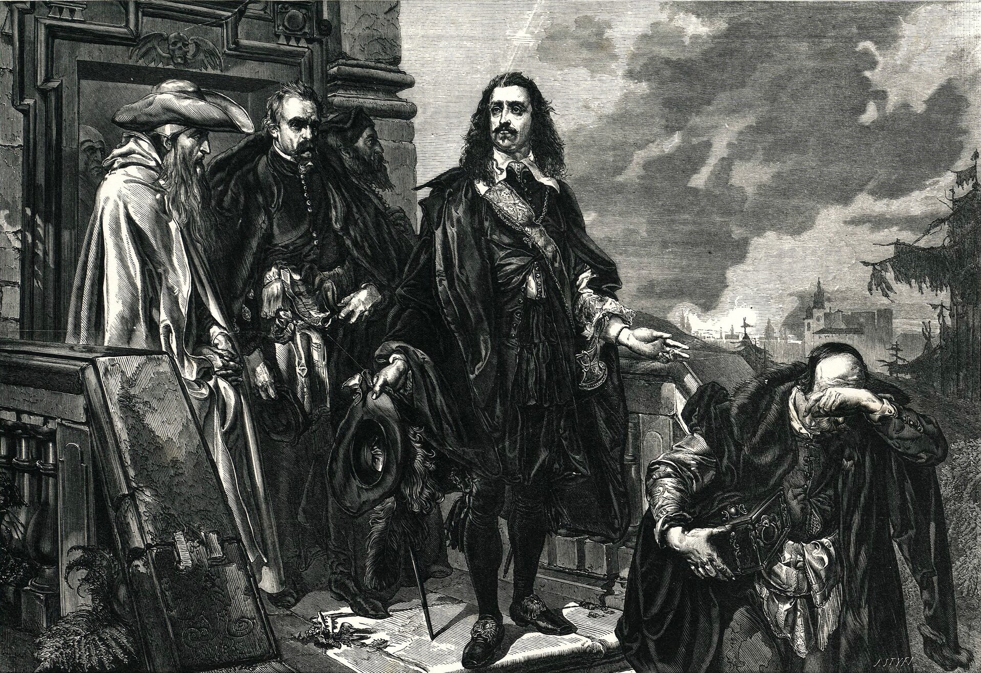 Na obrazie król Jan II Kazimierz umieszczony w centrum. Stoi na schodach prowadzących do kościoła kamedułów. Rozłożył ręce w geście rezygnacji. Z lewej strony obrazu przy drzwiach kościoła jest przeor bielański ubrany w habit i kapelusz oraz starosta krakowski Stanisław Lubomirski. W prawym dolnym rogu obrazu znajduje się Stefan Czarniecki, który odwraca wzrok od oglądania płonącego Krakowa, który widać w tle. Trzyma szkatułę z klejnotami królewskimi, przeznaczonymi na sfinansowanie armii.