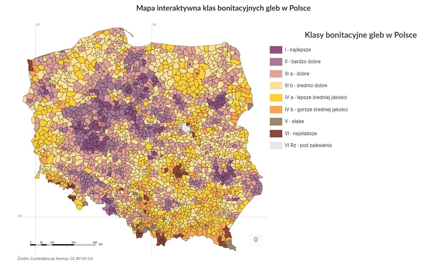 Mapa interaktywna klas botanicznych gleb w Polsce. Na ilustracji widać mapę Polski podzieloną kolorami na wiele obszarów. Klasy bonitacyjne gleb w Polsce. Lista elementów: I - najlepsze. II - bardzo dobre. III a - dobre. III b - średnio dobre. IV a - lepsze średniej jakości. IV b - gorsze średniej jakości. V - słabe. VI - najsłabsze. VI Rz - pod zalesienia. Klasy rozmieszczone są w różnych miejscach na mapie Polski.