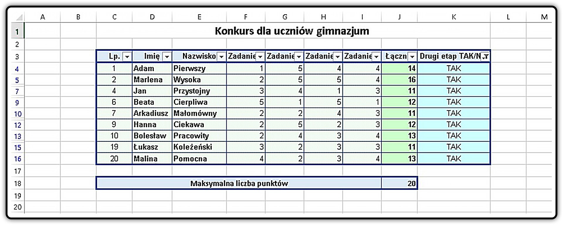 Zrzut tabeli pokazującej efekt filtrowania