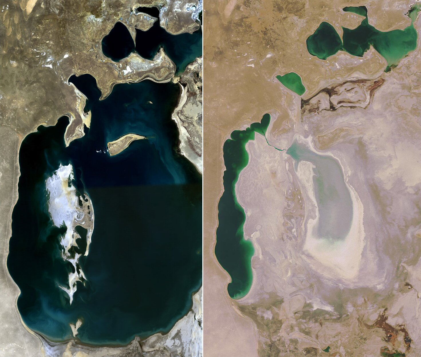 Dwa zdjęcia obok siebie. Na pierwszym zdjęciu jest granatowe jezioro z niewielkim jasnym fragmentem po lewej stronie. Na drugim zdjęciu woda wypełnia jedynie wąski fragment po lewej stronie i na górze zdjęcia. Woda ma kolor zielony. Pozostała część obszaru jest jasna, bez wody.    