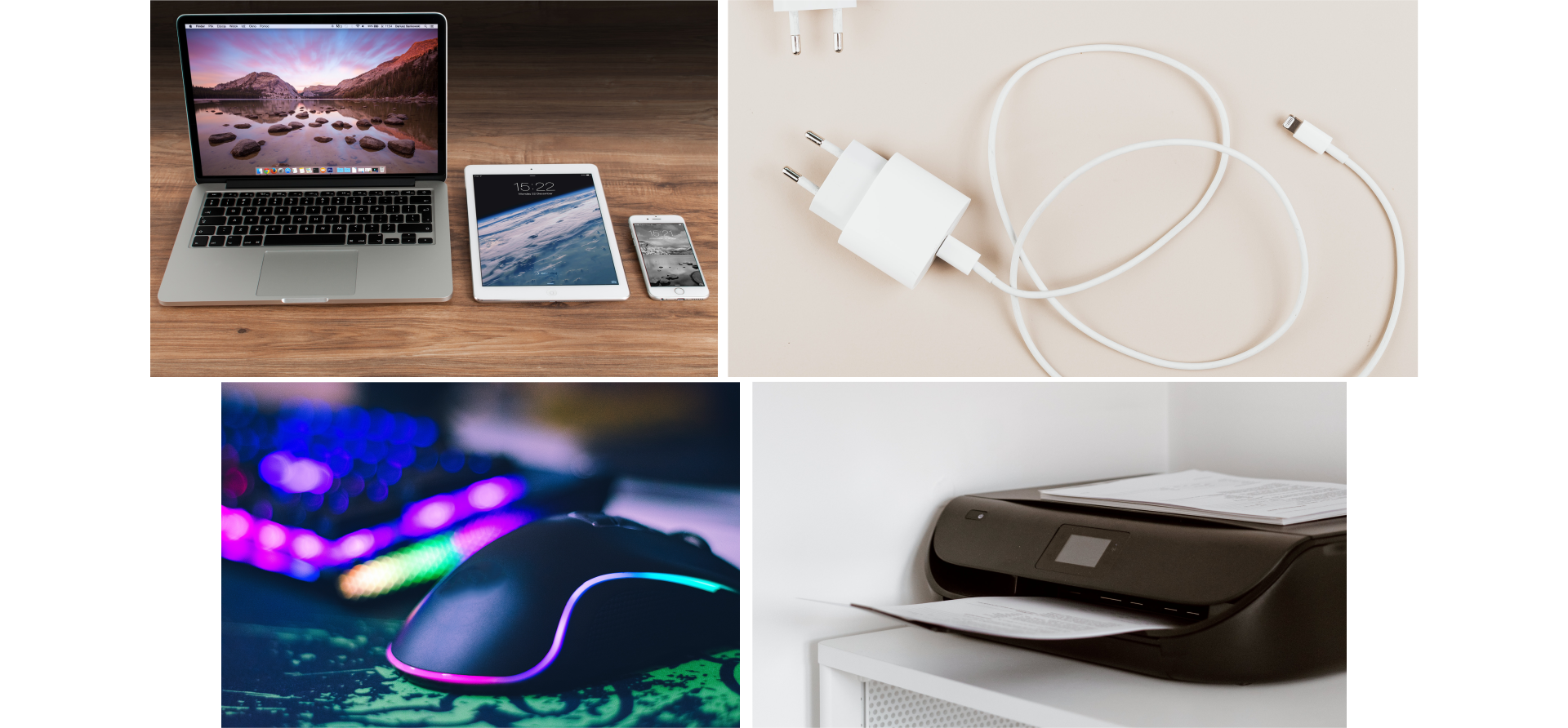 Na ilustracji cztery zdjęcia. Na pierwszym znajdują się laptop, tablet i smartfon. Na drugim ładowarka. Na trzecim myszka komputerowa i klawiatura. Na czwartym drukarka.