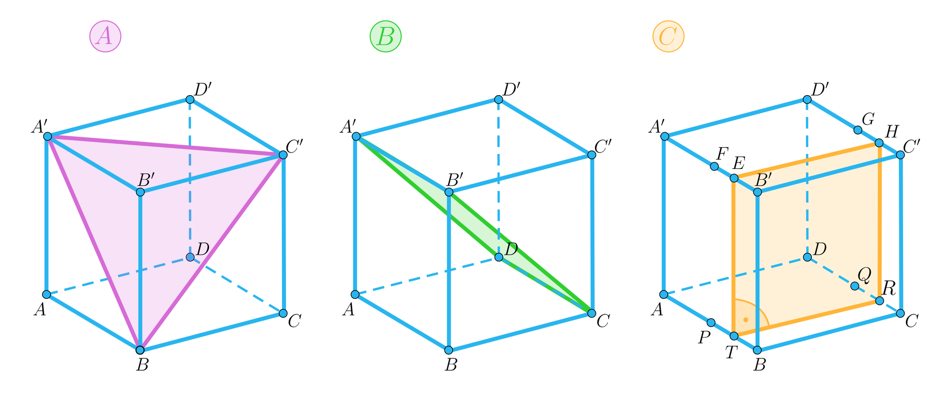 Ilustracja A przedstawia sześcian A B C D A prim B prim C prim D prim. Przekrojem jest trójkąt przechodzący przez wierzchołki B A prim C prim.  Ilustracja B przedstawia sześcian A B C D A prim B prim C prim D prim. Przekrojem jest figura przechodząca przez krawędzie C D oraz A prim.  Ilustracja A przedstawia sześcian A B C D A prim B prim C prim D prim. Zaznaczono na nim punkty będące środkiem krawędzi podstawy. Punkty T E H i Q są środkami środków krawędzi. Przez nie przeprowadzono przekrój w kształcie kwadratu. 