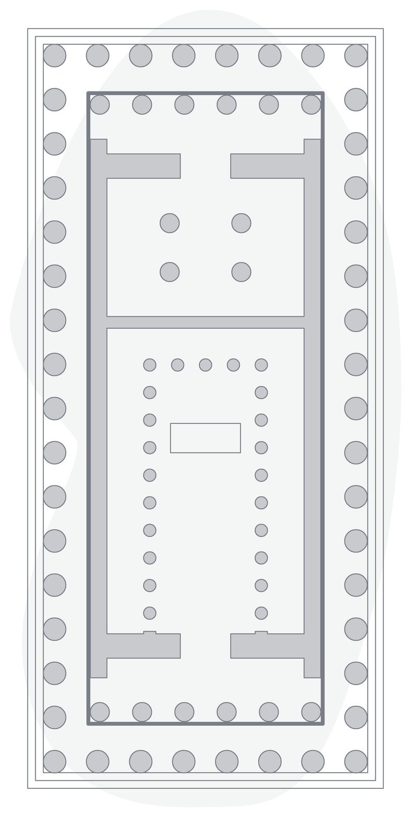 Ilustracja przedstawia czarno‑białą grafikę prezentującą plan greckiego Partenonu. Budynek został oparty na prostokątnym planie i posiada dwa pomieszczenia: większe i mniejsze. Otoczony jest przez rząd kolumn. Dodatkowo przed wejściami, znajdującymi się w dolnej i górnej części planu, znajduje się po 6 kolumn. W większym pomieszczeniu, znajdującym się w dolnej części planu, jest prostokątna kolumnada, wewnątrz której, w centralnej części, znajduje się oznaczenie w postaci małego prostokąta. W pomieszczeniu mniejszym (w górnej części planu) znajdują się cztery kolumny, ułożone w centralnej części na kształt prostokąta.
