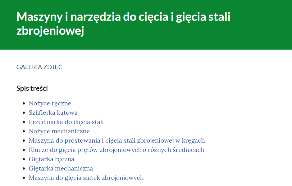 Zdjęcie przedstawia spis treści z galerii. Składa się on z dziewięciu punktów.