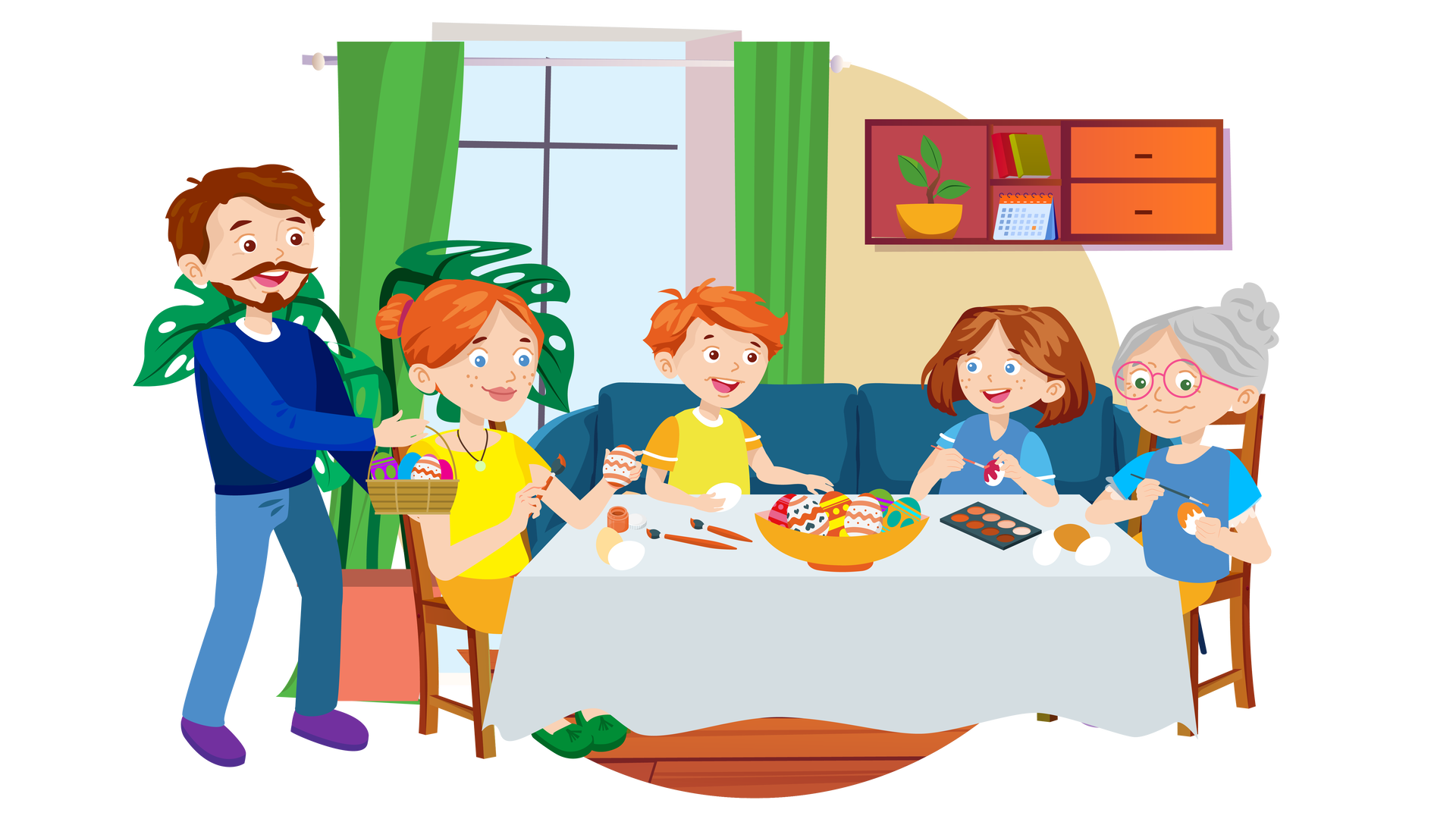 Ilustracja przedstawia salon w domu babci i dziadka Franka i Mai. W tle widać beżową ścianę z dużym oknem, nad którym wisi srebrny karnisz z dwiema zielonymi zasłonami sięgającymi podłogi. Na lewo od okna, na drewnianej podłodze, stoi duża zielona roślina w łososiowej donicy. Na prawo od okna wisi na ścianie wąska brązowa szafka z trzema półkami po lewej stronie i dwiema pomarańczowymi szufladami po prawej stronie. Na półkach znajdują się: zielona roślina w żółtej donicy, niebiesko‑czerwony kalendarz biurkowy oraz dwie książki. Jedna książka ma czerwoną okładkę, a druga jasnozieloną. Poniżej szafki stoi ciemnoniebieska kanapa, na której siedzą uśmiechnięci Franek i Maja. Dzieci spoglądają na siebie. Franek jest ubrany w żółtą koszulkę z krótkimi pomarańczowymi rękawami. W prawej dłoni trzyma jajko. Maja jest ubrana w niebieską koszulkę z krótkimi błękitnymi rękawami. W lewej dłoni trzyma jajko, a w prawej pędzel, którym maluje jajko ciemnoróżową farbą. Przed kanapą stoi prostokątny stół nakryty białym obrusem. Na stole znajdują się różne przedmioty: jajka, farby, pędzle oraz pomarańczowa miska wypełniona kolorowymi pisankami. Na prawo od stołu ustawiono brązowe krzesło, na którym siedzi babcia Franka i Mai. Jest ubrana w niebieską bluzkę z krótkimi błękitnymi rękawami zakończonymi przezroczystymi falbankami oraz pomarańczową spódnicę. W lewej dłoni trzyma jajko, a w prawej pędzel, którym maluje jajko pomarańczową farbą. Na lewo od stołu znajduje się drugie brązowe krzesło. Siedzi na nim mama Franka i Mai. Jest ubrana w żółtą bluzkę z krótkimi rękawami, długie pomarańczowe spodnie i ciemnozielone buty. Na szyi ma wisiorek. W lewej dłoni trzyma biało‑pomarańczową pisankę, a w prawej pędzel zamoczony w pomarańczowej farbie. Za mamą, po lewej stronie ilustracji, stoi uśmiechnięty tata Franka i Mai. Jest ubrany w granatowy sweter z długimi rękawami, długie niebieskie spodnie i ciemnofioletowe buty. W rękach trzyma brązowy koszyk wypełniony kolorowymi pisankami.