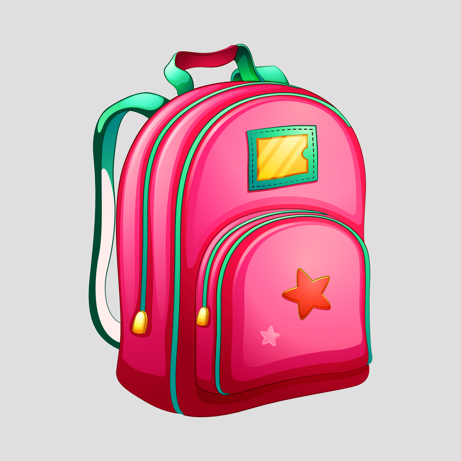 Ilustracja przedstawia różowy plecak w gwiazdki, z zielonymi paskami i zamkami. 