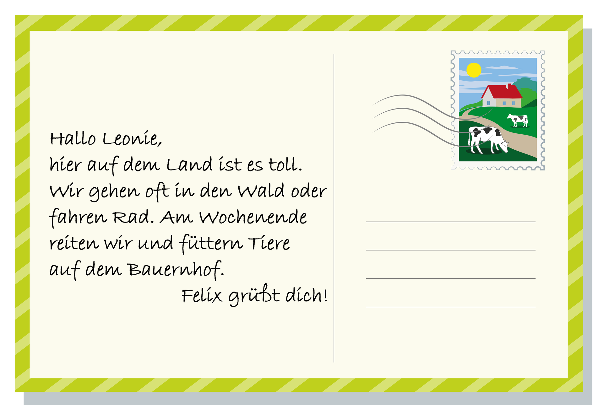 Widoczna jest ilustracja. Jest to pocztówka od Felixa. Ma zieloną ramkę w paski i znaczek z domkiem, polaną i krówkami. Transkrypcja dostępna poniżej.