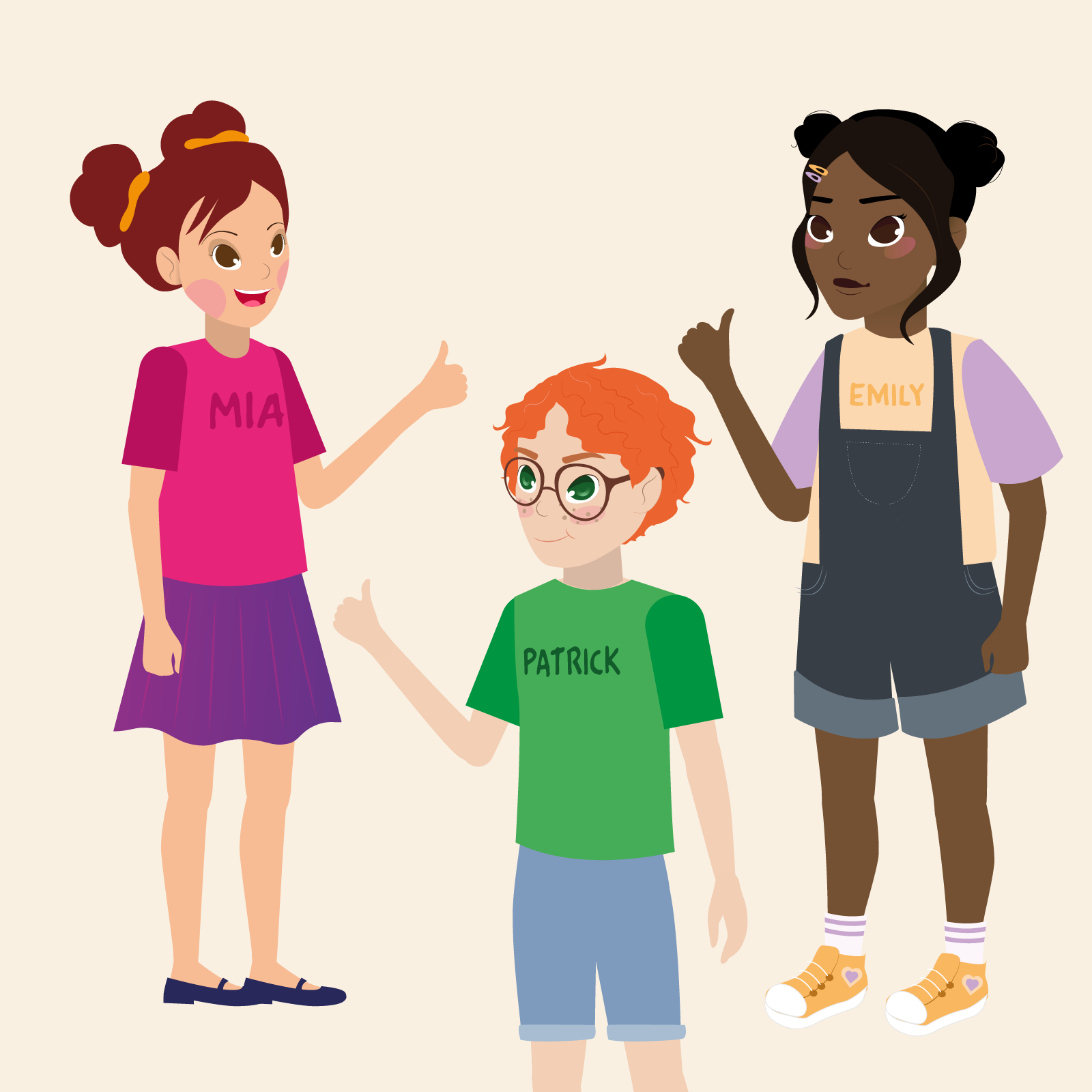 Ilustracja przedstawia Emily, Patricka i Mię, trzymających kciuki w górę. Patrick stoi pomiędzy dziewczynkami.