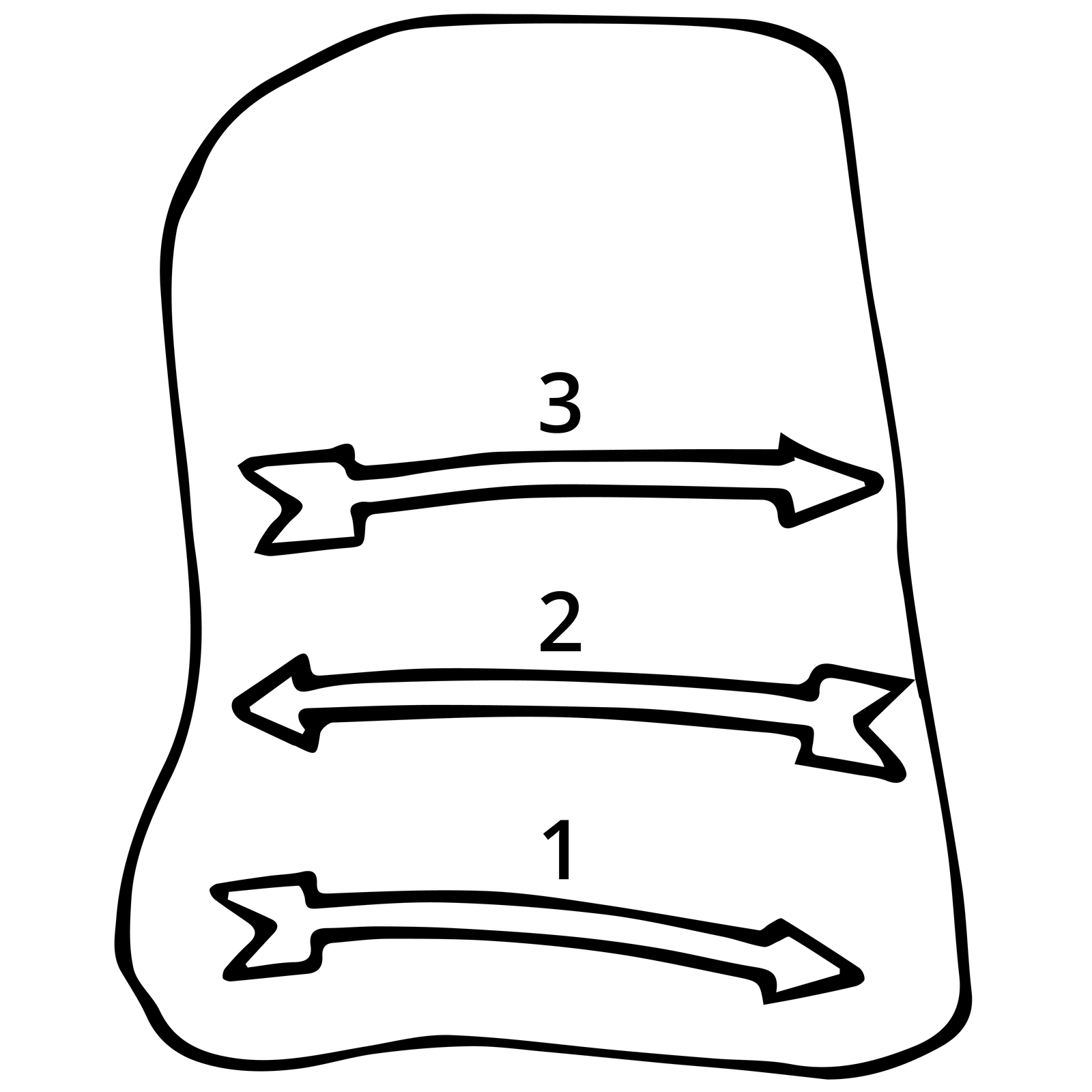 Na rysunku znajduje się schemat w kształcie przypominającym prostokąt. W dolnej części znajdują się trzy strzałki, górna jest skierowana w prawo, kolejna w lewo, najniższa w prawo. Są kolejno ponumerowane od najniższej do najwyższej. Schemat pokazuje zasadę rozkroju kruponu świńskiego. Strzałki na rysunku wskazują, że rozkrój rozpoczynamy z prawej lub lewej strony części przyogonowej rzędami w górę, aż do całkowitego rozkroju skóry.