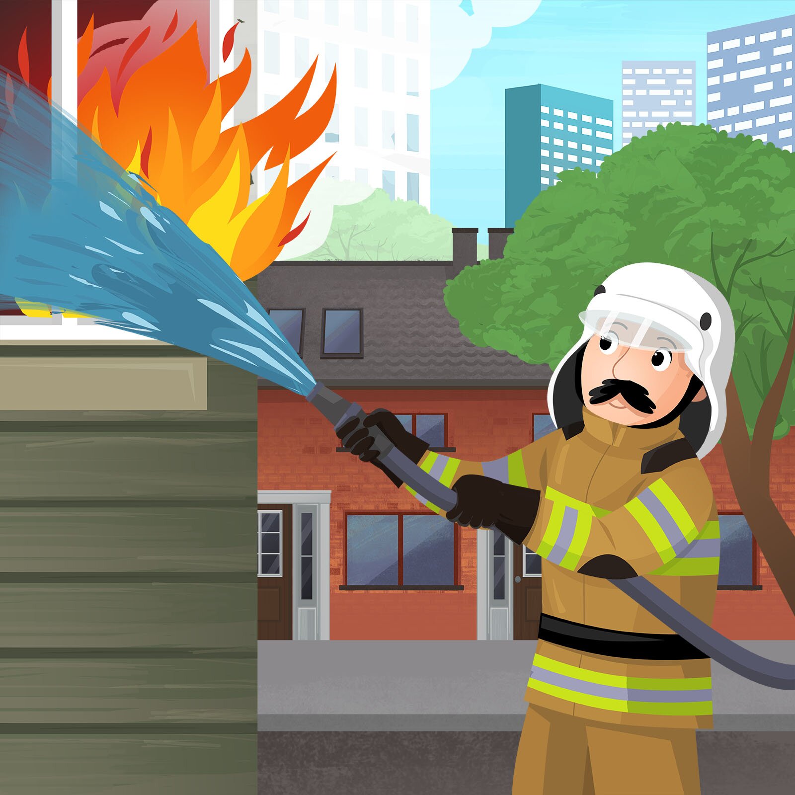 Ilustracja przedstawia strażaka gaszącego pożar budynku.