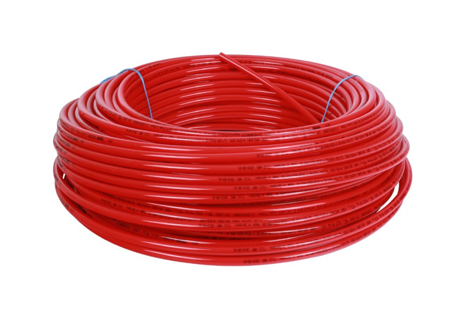 Zdjęcie ukazuje przewody kolektora pompy z bezpośrednim odparowaniem. Są to rury o niewielkim przekroju w otulinie z tworzywa PE w kolorze czerwonym. Przewody zostały zwinięte w zwój.