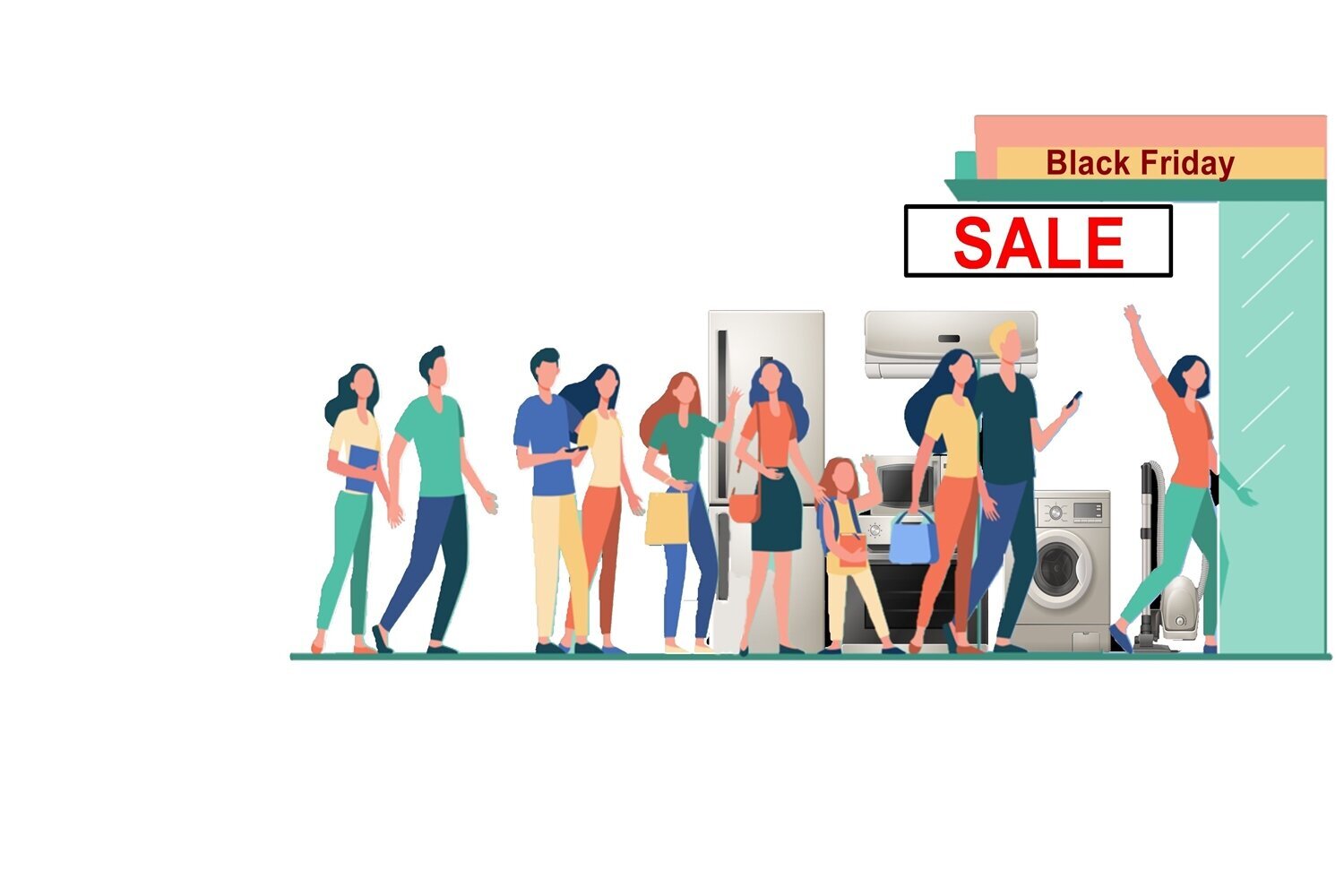 Grafika przedstawia kolejkę ludzi stojących przed sklepem ze sprzętem AGD. Po prawej stronie widoczne jest wejście do sklepu, nad którym widoczne są napisy w języku angielskim: Black Friday SALE. Przez wejście przechodzi kobieta, która ma uniesioną nad głowę lewą rękę. W kolejce stoją mężczyźni, kobiety i dzieci. Na sklepowej witrynie widoczne są: lodówka, pralka, mikrofalówka, klimatyzator i piekarnik.