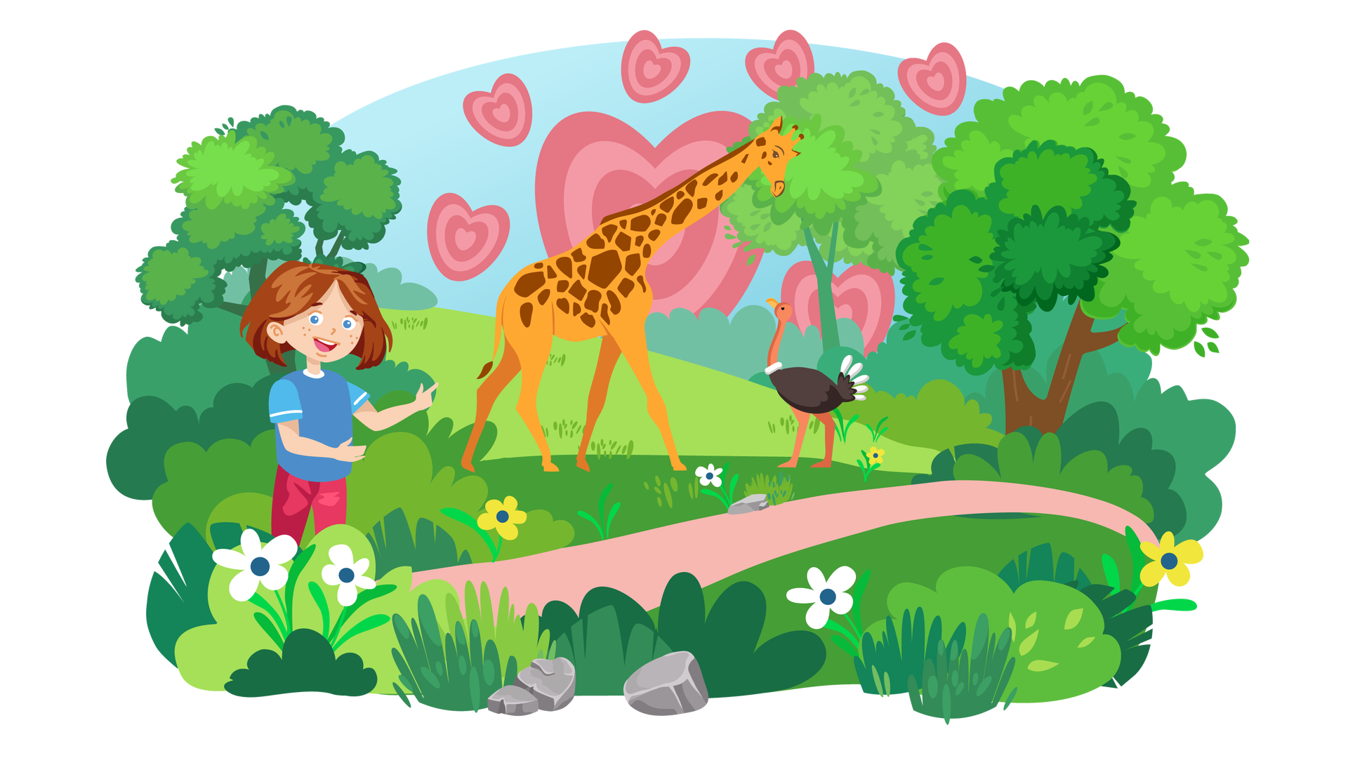 Ilustracja przedstawia rozległy teren porośnięty zielenią. W tle widać dużą ilość różowych serduszek na tle błękitnego nieba. Jedno z nich jest bardzo duże, a pozostałe są mniejsze. Dookoła rosną liczne krzewy, kępki wysokiej trawy, drzewa liściaste oraz pojedyncze białe i żółte kwiaty. Gdzieniegdzie leżą niewielkie szare kamienie. Na środku ilustracji stoi na trawie żyrafa. Patrzy na strusia stojącego obok niej, który również obdarza ją spojrzeniem. Od lewej do prawej strony ilustracji, nieco poniżej zwierząt, biegnie ścieżka, na której po lewej stronie stoi Maja. Dziewczynka szeroko się uśmiecha i pokazuje rękami żyrafę oraz strusia.