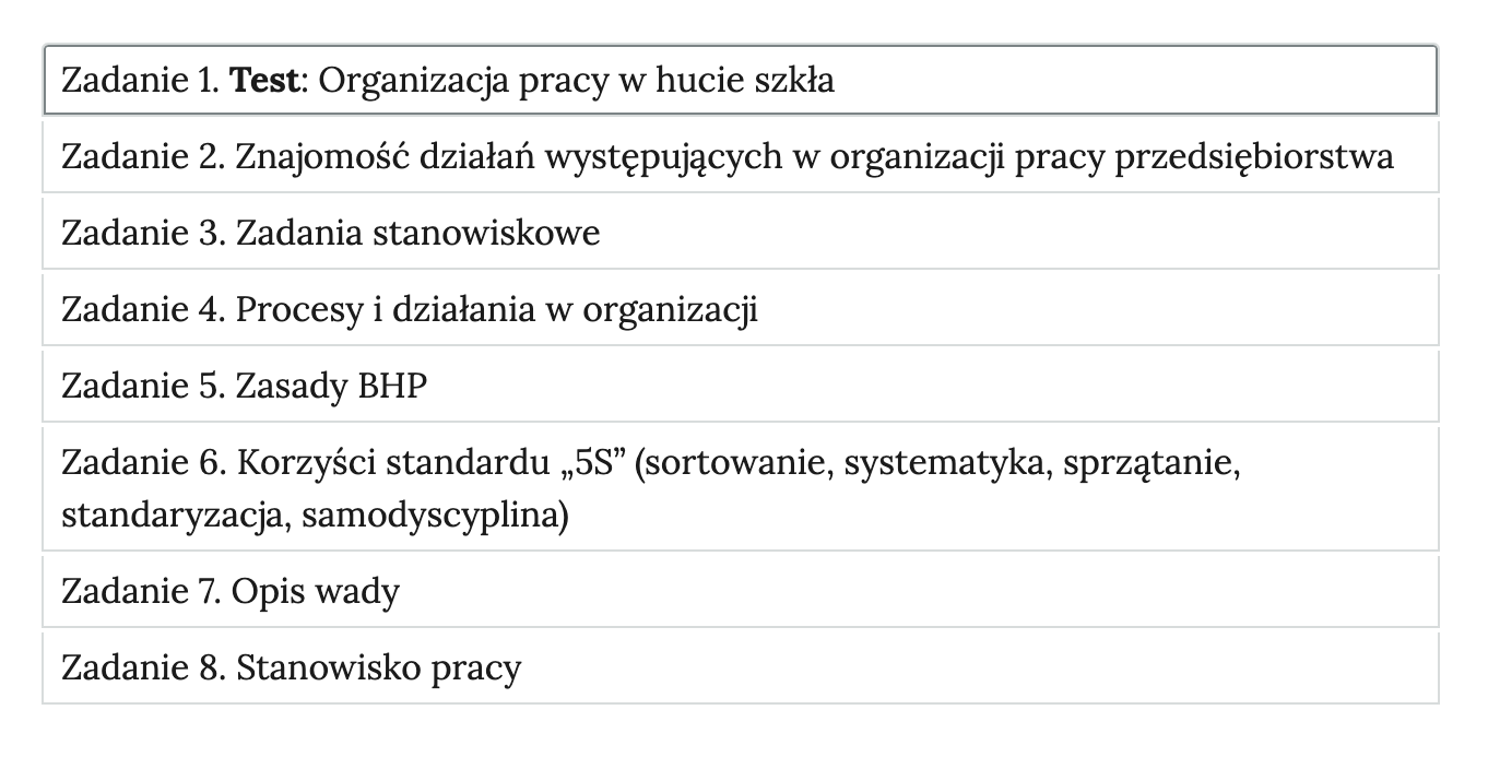 Grafika przedstawia widok zadań do wyboru, element interaktywnych materiałów sprawdzających. Interaktywne zakładki mają kolejne numery i tytułu ćwiczeń z interaktywnych materiałów sprawdzających wiedzę.