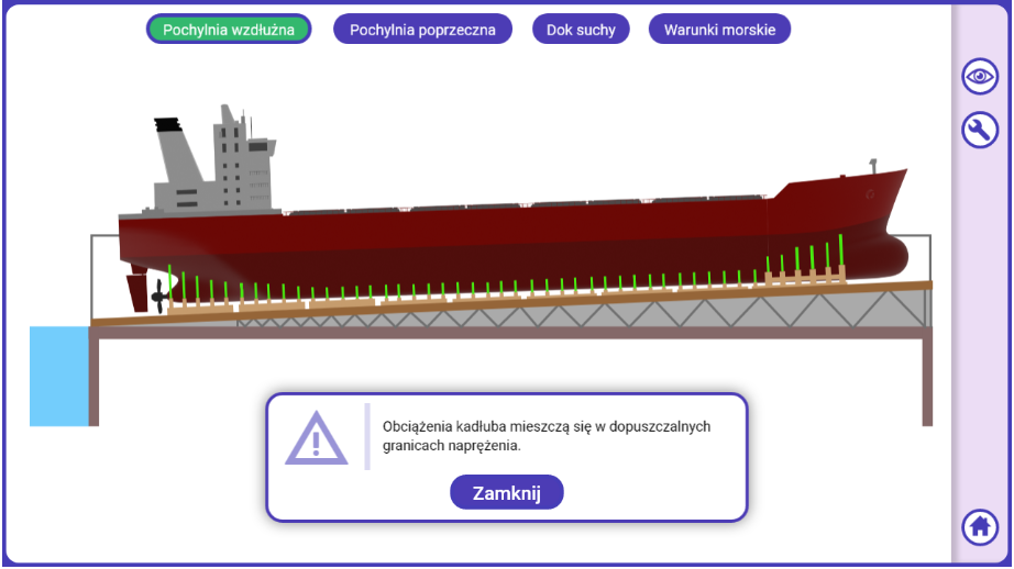 Grafika przedstawia przykładowy widok na statek po wybraniu przez użytkownika opcji. Widoczny jest statek od strony burty. Pod nim widać podpory. Pod statkiem widać komunikat odnoszący się do sposobu rozmieszczenia podpór.