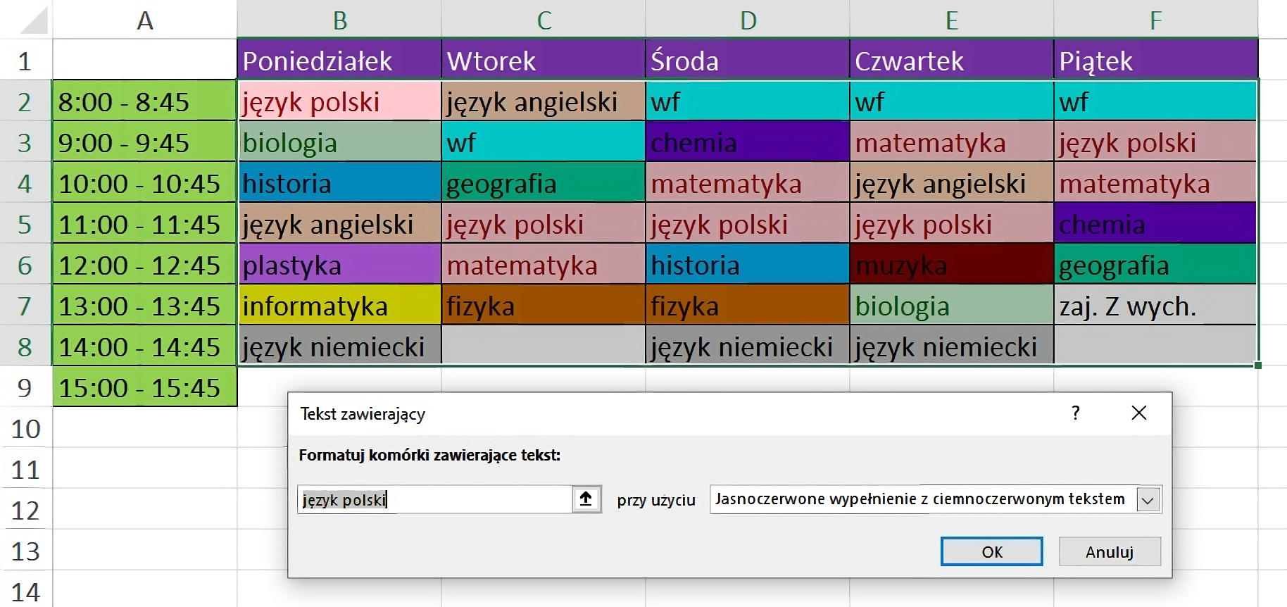 Zrzut ekranu przedstawia dodawanie nowego formatowania warunkowego, które będzie wyróżniało wszystkie komórki zawierające tekst: "język polski". W tym celu należy znaleźć narzędzie: "formatowanie warunkowe, reguły wyróżniania komórek, tekst zawierający". W polu "Formatuj komórki zawierające tekst" należy wpisać każdy przedmiot. Potem należy wybrać styl formatowania. Na zrzucie ekranu znajduje się tabela z planem lekcji. Każdy przedmiot jest wyróżniony w inny sposób.