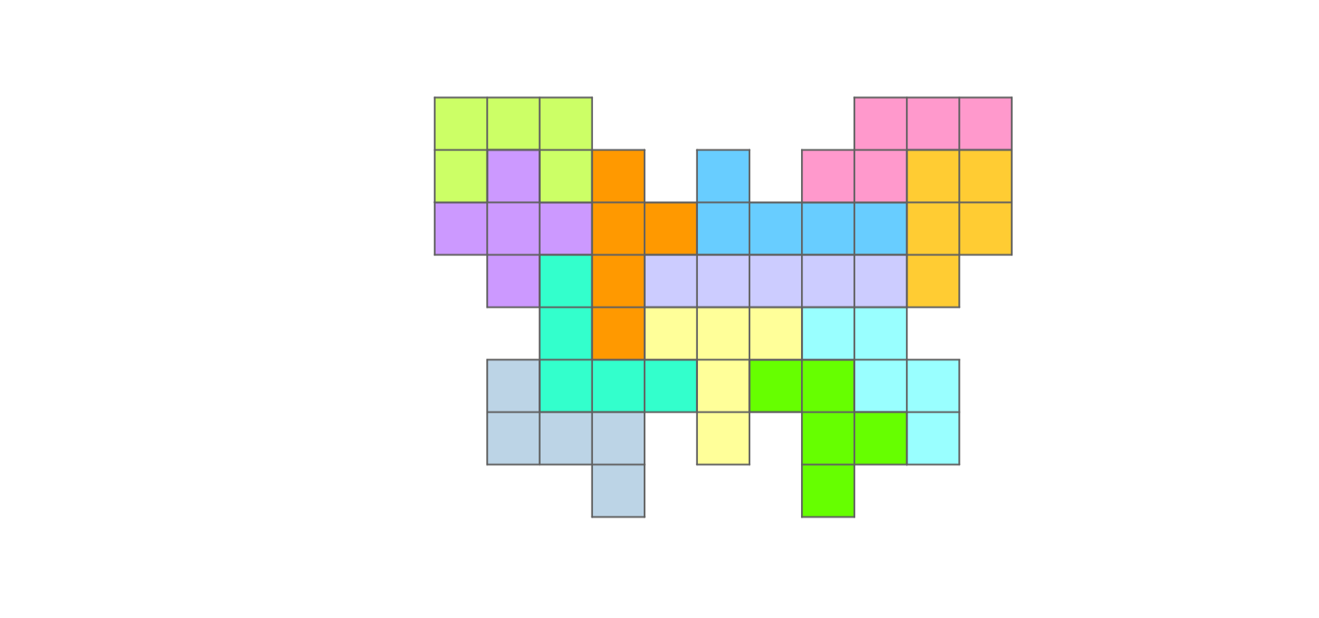 Rysunek przedstawia figurę przypominającą motyla, zbudowaną z 60 małych kwadratów. Każdy kamień pentomino ma inny kolor.