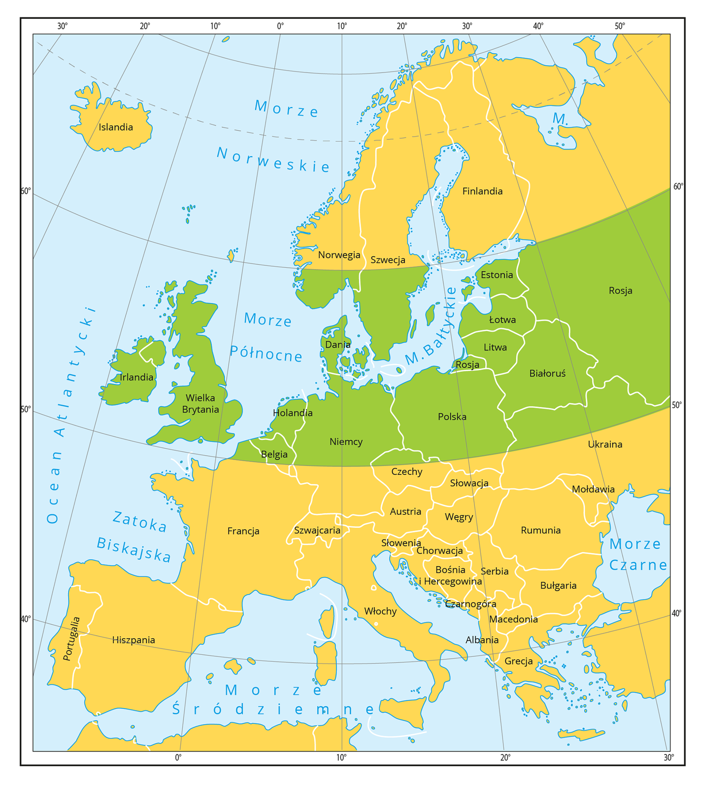 Ilustracja przedstawia mapę Europy w Kolorzach: pomarańczowym i zielonym. Zielony oznacza strefę korzystną do uprawy ziemniaka.