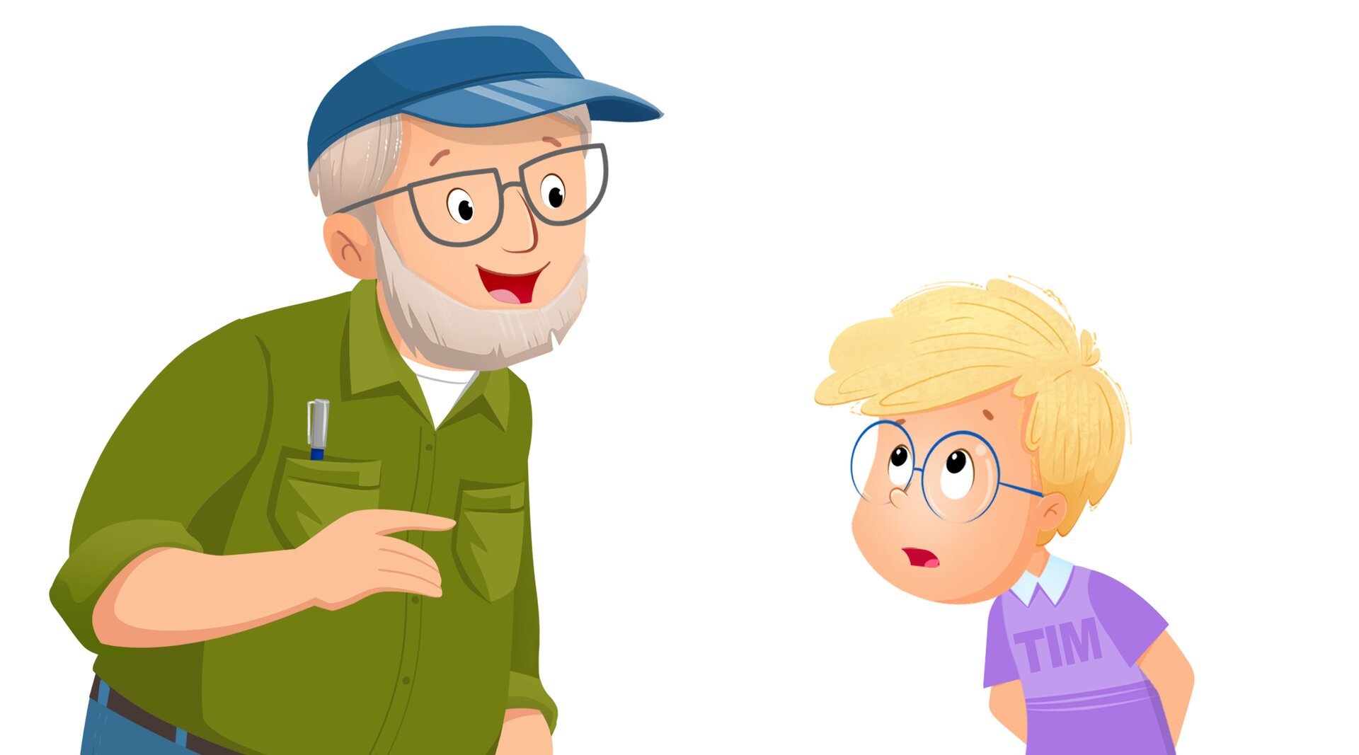 Ilustracja przedstawia starszego Pana. Ma siwe włosy. Nosi czapkę z daszkiem i okulary. 