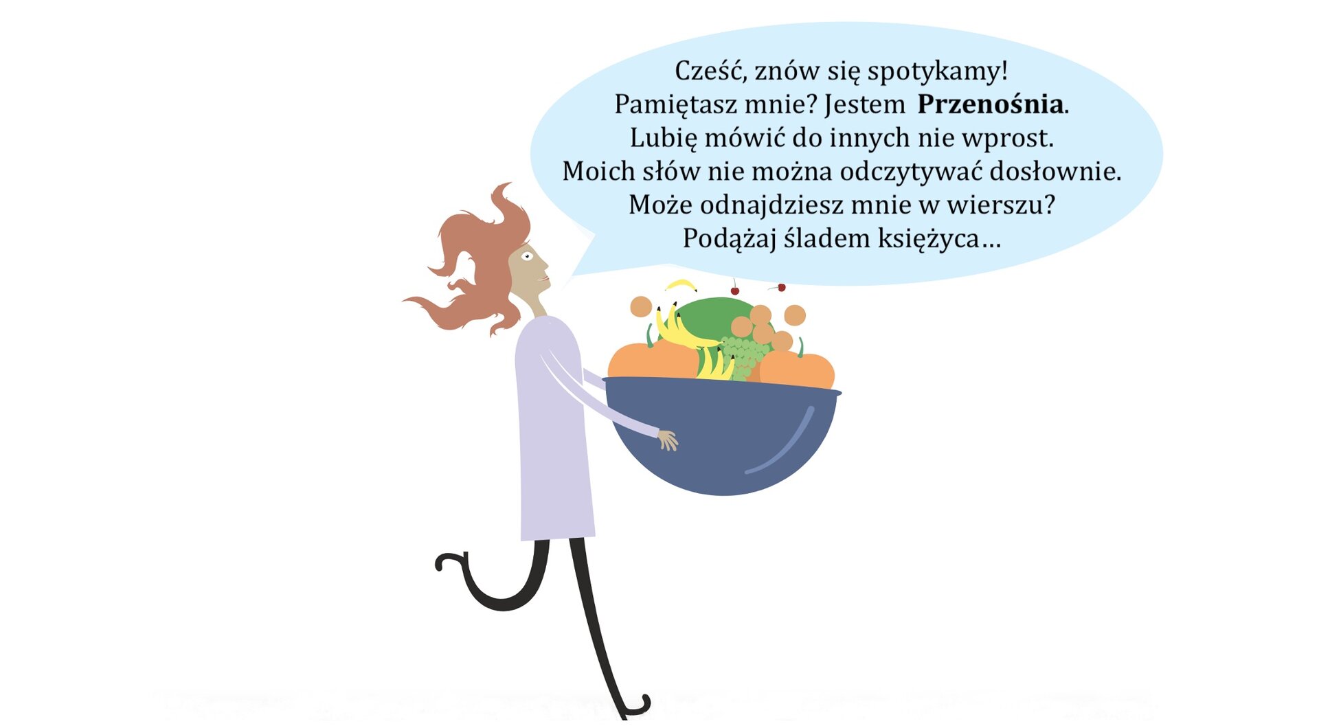 Grafika przedstawia postać kobiety w fioletowej sukience i rudych, rozwianych włosach. W dłoniach trzyma ogromną, niebieską misę z owocami. Z jej ust wydobywa się dymek z tekstem: Cześć, znów się spotykamy! Pamiętasz mnie? Jestem Przenośnia. Lubię mówić do innych nie wprost. Moich słów nie można odczytywać dosłownie. Może odnajdziesz mnie w wierszu? Podążaj śladem księżyca...