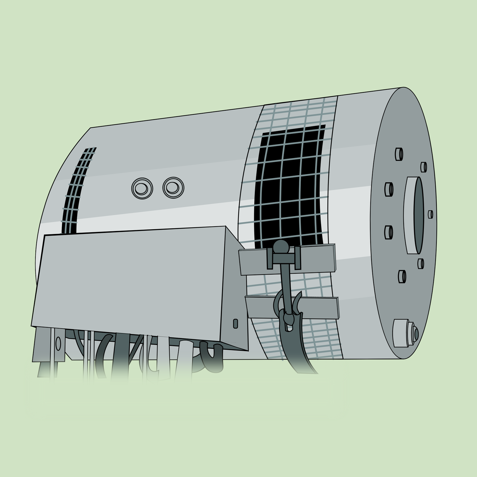 Grafika przedstawia wzbudnicę. Ma ona kształt poziomo położonego cylindra z pasem kratownicy wokół. Obok znajduje się graniastosłup, z którego spodu wystają kable.