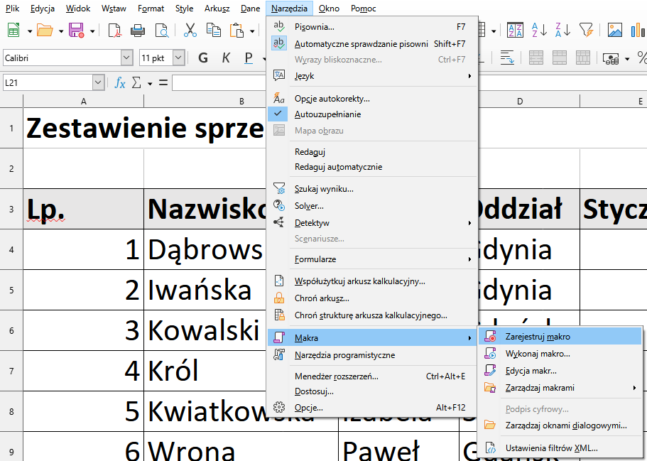 Ilustracja przedstawia okno programu. Z menu wybrano zakładkę Narzędzia. Tam z listy wybrano Makra, a następnie Zarejestruj makro.  t 