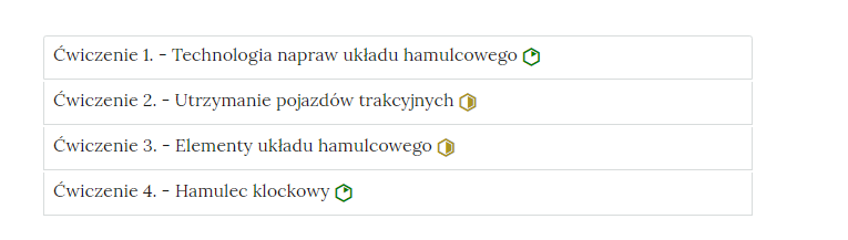 Grafika przedstawia wygląd zakładek z ćwiczeniami. Zakładki są poziomymi paskami. Widoczne są trzy zakładki z ćwiczeniami, na każdej zakładce jest numer ćwiczenia i jego tytuł. Po tytule widać symbol poziomu trudności danego ćwiczenia. Przykład tekstu na pasku zakładki. Ćwiczenie 1 myślnik technologia napraw układu hamulcowego.