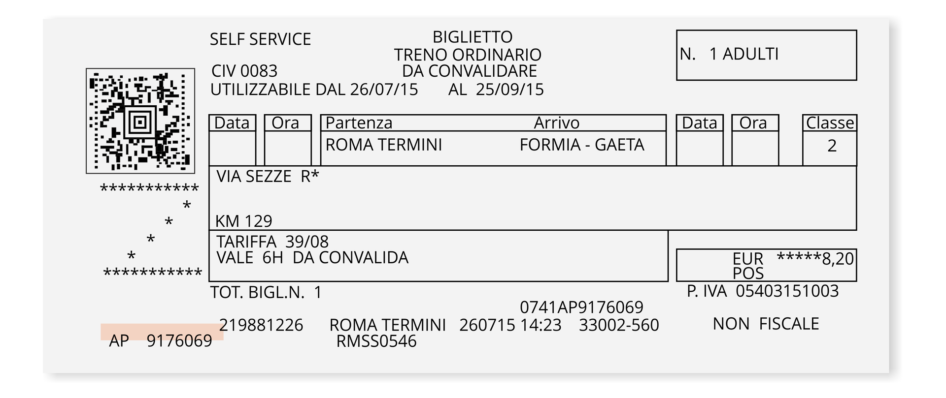 Grafika przedstawia włoski bilet kolejowy. Jest to bilet drugiej klasy dla jednej osoby dorosłej na trasie z Roma Termini do Formia Gaeta. Na bilecie widoczna jest cena: 8,20 euro.