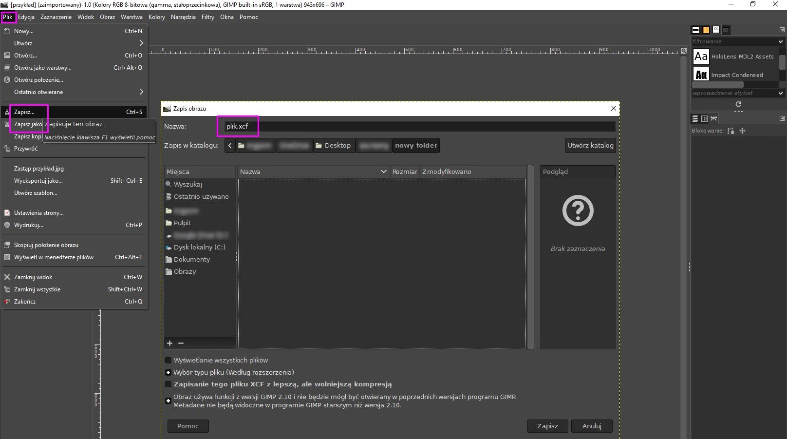 Ilustracja przedstawia okno programu. W oknie wyróżniono zakładkę o nazwie Plik. Następnie z listy wybrano Zapisz oraz Zapisz jako. W obszarze roboczym jest obszar o nazwie Zapis obrazu. Tu w Nazwie zaznaczono: plik.xcf.