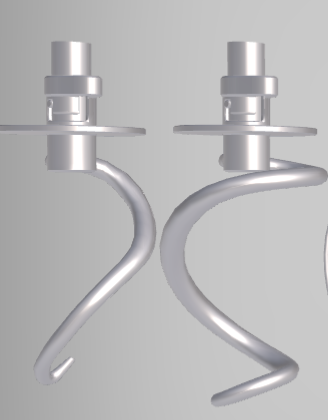 Grafika przedstawia element roboczy miesiarki typu hak. Widoczne są dwa rzuty. Od cylindrycznego uchwytu z tarczą w dolnej części, wyprowadzony jest spiralnie skręcony element roboczy wykonany ze stali. 