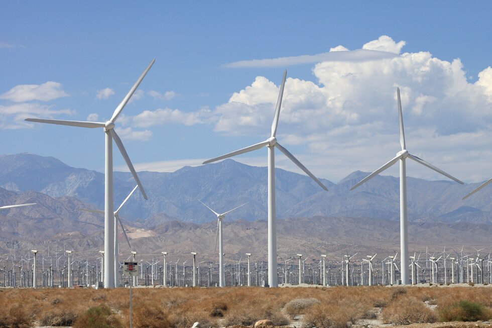 Fotografia przestawia kilkadziesiąt jasnych elektrowni wiatrowych na tle gór. Stoją gęsto ustawione, wśród rudej trawy. Jest słoneczny dzień, błękitne niebo z obłokami.