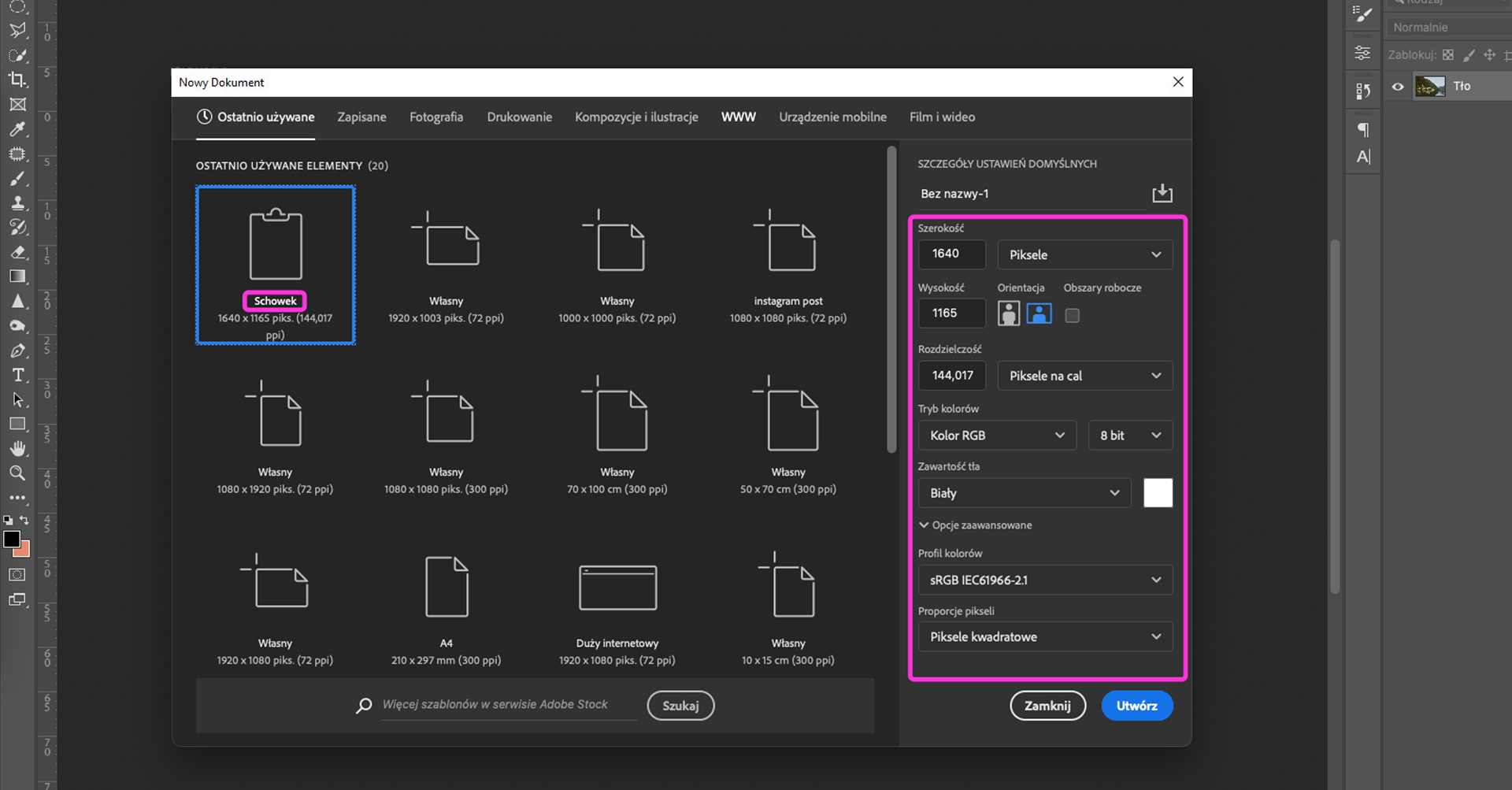 Ilustracja przedstawia okno programu o nazwie Nowy Dokument. Wybrano: Schowek. Po prawej stronie panel dotyczący szczegółów ustawień domyślnych. Tam opcje dotyczące szerokości, wysokości, rozdzielczości, kolorów, proporcji pikseli. Zastosowano przycisk Utwórz.