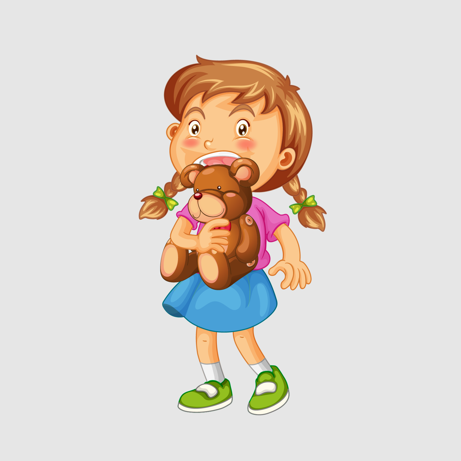 Ilustracja przedstawia dziewczynkę w spódniczce, próbującą ugryźć pluszowego misia. 
