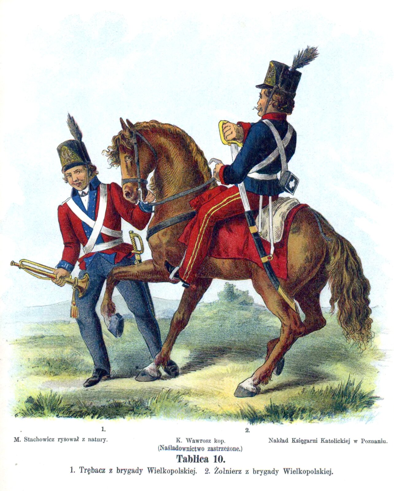 Kliknij, aby powiększyć Na ilustracji żołnierz na koniu oraz żołnierz trzymający konia za uzdę. Żołnierz na koniu wyjmuje prawą dłonią szable. Na głowie ma czapkę z paskiem pod brodą. Na czapce pióro. Na ramionach pasy skierowane do pasa. Na spodniach dwa pasy. Obok niego stoi żołnierz trzymający konia, a w prawej dłoni trzyma trąbkę. Jest podobnie ubrany jak żołnierz na koniu.