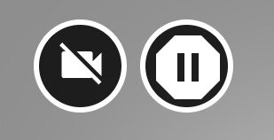 Grafika przedstawia dwie ikony, pierwsza ikona to resetowanie widoku do miejsca początkowego w formie rysunku symbolizującego kamerę, która jest przekreślona linią w lewego górnego rogu do prawego dolnego roku i znajduje się w okręgu. Druga to ikona zatrzymania filmu w formie dwóch równoległych kresek ułożonych pionowo, które znajdują się ośmiokącie foremnym, a ten znajduje się w okręgu. 