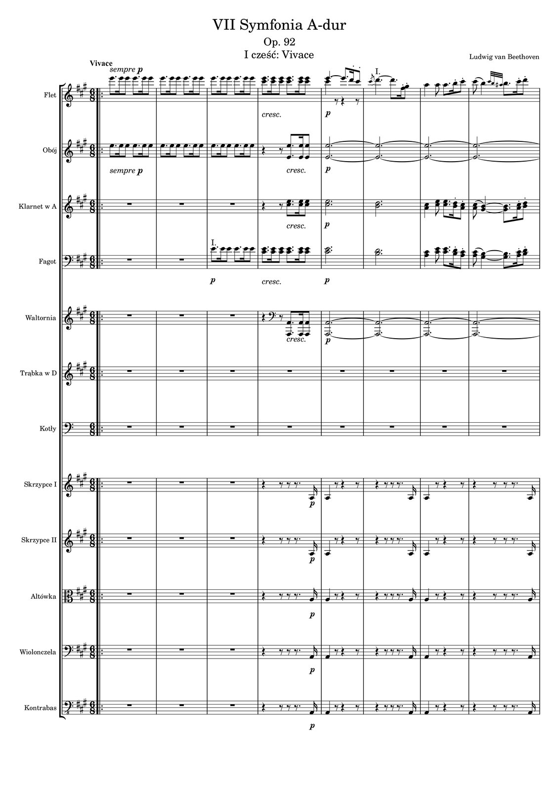 Grafika przedstawia partyturę fragmentu Vivace [czytaj: wiwacze], czyli pierwszą część części siódmej symfonii A‑dur autorstwa Ludwiga van Beethovena [czytaj: ludwiga wan betowena]. Utwór jest napisany w metrum sześć ósmych, w tonacji A‑dur. Tempo utworu oznaczono vivace, czyli żywo. Fragment partytury ma sześć stron i liczy czterdzieści taktów. Rozpisane partie należą do dwóch fletów, dwóch obojów, dwóch klarnetów, dwóch fagotów, dwóch waltorni, dwóch trąbek, kotłów oraz kwintetu skrzypcowego. W pierwszym takcie w partii fletów zaznaczono dynamikę jak sempre piano [czytaj: sempre pjano], czyli zawsze piano [czytaj: pjano]. Na pierwszą miarę grana jest ósemka z kropką e, następnie szesnastka e oraz ósemka e. Na miarę czwartą grane są ponownie takie same trzy dźwięki. Motyw powtarza się w takcie drugim oraz trzecim. W czwartym takcie pierwszy flet ponownie gra dwa razy ósemkę z kropką e, szesnastkę e oraz ósemkę e, natomiast drugi flet gra cis z takim samym rytmem. Pod czwartym taktem zaznaczono crescendo [czytaj: kreszendo]. W takcie piątym pierwszy z fletów gra na pierwszą miarę ćwierćnutę z kropką e, przedłużoną dalej o ósemkę z kropką, a dalej szesnastkę d z artykulacją staccato [czytaj: stakkato] oraz ósemkę cis z artykulacją staccato [czytaj: stakkato]. Drugi flet na pierwszą miarę gra ćwierćnutę cis, a następnie ma zapisane pauzy: ósemkową, ćwierćnutową i ponownie ósemkową. Pod taktem zapisano dynamikę piano [czytaj: pjano]. W szóstym takcie gra tylko pierwszy flet; rozpoczyna od przednutki cis, po której zapisano ćwierćnutę z kropką d, przedłużoną o ósemkę z kropką, a następnie szesnastkę fis oraz ósemkę gis, obie z artykulacją staccato [czytaj: stakkato]. W takcie siódmym flet gra ćwierćnutę a, następnie ósemkę a oraz ósemkę z kropką a, a następnie szesnastkę h z artykulacją staccato [czytaj: stakkato] oraz ósemkę cis z artykulacją staccato [czytaj: stakkato]. W ósmym takcie flet rozpoczyna od ósemki cis, która grana jest jako jedna fraza razem z ćwierćnutą h, a następnie zapisano trzy przednutki trzydziestkodwójkowe: cis, h oraz ais, po których grana jest na miarę trzecią ósemka z kropką h, szesnastka cis oraz ósemka d, przy czym dwie ostatnie z artykulacją staccato [czytaj: stakkato]. W pierwszym takcie w partii obojów zaznaczono dynamikę jak sempre piano [czytaj: sempre pjano], czyli zawsze piano [czytaj: pjano]. Na pierwszą miarę grany jest motyw, składający się z ósemki z kropką e, następnie szesnastki e oraz ósemki e. Motyw grany jest też na czwartą miarę, a dalej powtarza się w taktach drugim oraz trzecim. W czwartym takcie na pierwszą miarę zaznaczono pauzę ćwierćnutową, a następnie pauzę ósemkową; na miarę czwartą oboje grają w oktawie dźwięk e, najpierw jako ósemkę z kropką, później jako szesnastkę oraz ósemkę. Pod taktem zapisano crescendo [czytaj: kreszendo]. W takcie piątym oboje mają zaznaczoną dynamikę piano [czytaj: pjano] oraz półnutę z kropką e, zagraną w oktawie; dźwięk jest przedłużony na takty szósty, siódmy oraz ósmy. W partii klarnetów przez pierwsze trzy takty zapisana jest pauza generalna. W takcie czwartym klarnety na pierwszą miarę mają zapisaną pauzę ćwierćnutową, a dalej ósemkową; na miarę czwartą klarnety grają ósemkę z kropką cis oraz e, a następnie po szesnastce (ponownie cis oraz e) i ósemkę (również cis oraz e). Pod taktem zapisano crescendo [czytaj: kreszendo]. W takcie piątym klarnety grają po półnucie z kropką; jeden dźwięk cis, a drugi e. Pod taktem zaznaczono dynamikę piano [czytaj: pjano]. W szóstym takcie klarnety ponownie grają po półnucie z kropką, tym razem jeden h, a drugi d. W siódmym takcie pierwszy klarnet gra ćwierćnutę cis, ósemkę e, ósemkę z kropką e, szesnastkę d z artykulacją staccato [czytaj: stakkato] oraz ósemkę cis z artykulacją staccato [czytaj: stakkato], a drugi ćwierćnutę a, ósemkę cis, ósemkę z kropką cis, szesnastkę h z artykulacją staccato [czytaj: stakkato]  oraz ósemkę a z artykulacją staccato [czytaj: stakkato]. W ósmym takcie pierwszy klarnet gra ósemkę cis, ujętą w jedną frazę z ćwierćnutą h, przedłużoną o ósemkę z kropką, a następnie szesnastkę cis z artykulacją staccato [czytaj: stakkato] oraz ósemkę d, również z artykulacją staccato [czytaj: stakkato]; drugi z klarnetów gra ósemkę a oraz ćwierćnutę gis, przedłużoną o ósemkę z kropką, a następnie szesnastkę a z artykulacją staccato [czytaj: stakkato] oraz ósemkę h z artykulacją staccato [czytaj: stakkato]. W partii fagotów przez pierwsze dwa takty zapisana jest pauza generalna. W takcie trzecim zaznaczono dynamikę piano [czytaj: pjano]; na pierwsze trzy miary grana jest nuta e, najpierw jako ósemka z kropką, następnie jako szesnastka i ósemka. Motyw jest powtarzany w miarach od czwartej do szóstej. W czwartym takcie pierwszy z fagotów ponownie gra dwa razy motyw z nutą e, a drugi fagot gra ten sam motyw rytmiczny z dźwiękiem cis. Pod taktem zapisano crescendo [czytaj: kreszendo]. W piątym takcie fagoty grają po półnucie z kropką: jeden cis, a drugi a. Pod taktem zapisano dynamikę piano [czytaj: pjano]. W szóstym takcie fagoty ponownie grają po półnucie z kropką; tym razem jeden gra h, a drugi d. W siódmym takcie oba fagoty grają ten sam motyw rytmiczny, jednak dźwięki są zapisane w interwale tercji. Grane są kolejno: ćwierćnuta (pierwszy fagot cis, drugi a), ósemka (pierwszy fagot e, drugi cis), ósemka z kropką (pierwszy fagot e, drugi cis), szesnastka z artykulacją staccato [czytaj: stakkato] (pierwszy fagot d, drugi h) oraz ósemka z artykulacją staccato [czytaj: stakkato] (pierwszy fagot cis, drugi a). W ósmym takcie na pierwszą miarę fagoty grają ósemkę: pierwszy cis, drugi a. Dźwięk jest spięty frazą z ćwierćnutą na drugą miarę; pierwszy z fagotów gra g, a drugi h. Ćwierćnuta jest przedłużona o ósemkę z kropką, a dalej grana jest szesnastka z artykulacją staccato [czytaj: stakkato] (pierwszy fagot cis, drugi a) oraz ósemka z artykulacją staccato [czytaj: stakkato] (pierwszy fagot d, drugi h). W partii waltorni przez pierwsze trzy takty zapisana jest pauza generalna. W takcie czwartym waltornie na pierwszą miarę mają zapisaną pauzę ćwierćnutową, a dalej ósemkową; na miarę czwartą zapisana jest zmiana z klucza wiolinowego do basowego, a następnie waltornie grają w oktawie nutę a, najpierw jako ósemkę z kropką, dalej jako szesnastkę, a na koniec jako ósemkę. Pod taktem zapisano crescendo [czytaj: kreszendo]. W takcie piątym waltornie mają zaznaczoną dynamikę piano [czytaj: pjano] oraz półnutę z kropką a zagraną w oktawie; dźwięk jest przedłużony na takty szósty, siódmy oraz ósmy. W taktach od pierwszego do ósmego trąbki oraz kotły mają zapisane wyłącznie pauzy. W partii pierwszych skrzypiec przez pierwsze trzy takty zapisana jest pauza generalna. W takcie czwartym zapisano pauzę ćwierćnutową, dwie pauzy ósemkowe oraz pauzę ósemkową z kropką, a na koniec taktu szesnastkę a z dynamiką piano [czytaj: pjano]. W piątym takcie na pierwszą miarę grana jest ćwierćnuta a, a następnie zapisano pauzę ósemkową, pauzę ćwierćnutową oraz ponownie pauzę ósemkową. W szóstym takcie zapisano pauzę ćwierćnutową, dwie pauzy ósemkowe oraz pauzę ósemkową z kropką, a na koniec taktu szesnastkę a. W siódmym takcie na pierwszą miarę grana jest ćwierćnuta a, a następnie zapisano pauzę ósemkową, pauzę ćwierćnutową oraz ponownie pauzę ósemkową. W ósmym takcie zapisano pauzę ćwierćnutową, dwie pauzy ósemkowe oraz pauzę ósemkową z kropką, a na koniec taktu szesnastkę a. W partii drugich skrzypiec przez pierwsze trzy takty zapisana jest pauza generalna. W takcie czwartym zapisano pauzę ćwierćnutową, dwie pauzy ósemkowe oraz pauzę ósemkową z kropką, a na koniec taktu szesnastkę a z dynamiką piano [czytaj: pjano]. W piątym takcie na pierwszą miarę grana jest ćwierćnuta a, a następnie zapisano pauzę ósemkową, pauzę ćwierćnutową oraz ponownie pauzę ósemkową. W szóstym takcie zapisano pauzę ćwierćnutową, dwie pauzy ósemkowe oraz pauzę ósemkową z kropką, a na koniec taktu szesnastkę a. W siódmym takcie na pierwszą miarę grana jest ćwierćnuta a, a następnie zapisano pauzę ósemkową, pauzę ćwierćnutową oraz ponownie pauzę ósemkową. W ósmym takcie zapisano pauzę ćwierćnutową, dwie pauzy ósemkowe oraz pauzę ósemkową z kropką, a na koniec taktu szesnastkę a. W partii altówki przez pierwsze trzy takty zapisana jest pauza generalna. W takcie czwartym zapisano pauzę ćwierćnutową, dwie pauzy ósemkowe oraz pauzę ósemkową z kropką, a na koniec taktu szesnastkę a z dynamiką piano [czytaj: pjano]. W piątym takcie na pierwszą miarę grana jest ćwierćnuta a, a następnie zapisano pauzę ósemkową, pauzę ćwierćnutową oraz ponownie pauzę ósemkową. W szóstym takcie zapisano pauzę ćwierćnutową, dwie pauzy ósemkowe oraz pauzę ósemkową z kropką, a na koniec taktu szesnastkę a. W siódmym takcie na pierwszą miarę grana jest ćwierćnuta a, a następnie zapisano pauzę ósemkową, pauzę ćwierćnutową oraz ponownie pauzę ósemkową. W ósmym takcie zapisano pauzę ćwierćnutową, dwie pauzy ósemkowe oraz pauzę ósemkową z kropką, a na koniec taktu szesnastkę a. W partii wiolonczeli przez pierwsze trzy takty zapisana jest pauza generalna. W takcie czwartym zapisano pauzę ćwierćnutową, dwie pauzy ósemkowe oraz pauzę ósemkową z kropką, a na koniec taktu szesnastkę a z dynamiką piano [czytaj: pjano]. W piątym takcie na pierwszą miarę grana jest ćwierćnuta a, a następnie zapisano pauzę ósemkową, pauzę ćwierćnutową oraz ponownie pauzę ósemkową. W szóstym takcie zapisano pauzę ćwierćnutową, dwie pauzy ósemkowe oraz pauzę ósemkową z kropką, a na koniec taktu szesnastkę a. W siódmym takcie na pierwszą miarę grana jest ćwierćnuta a, a następnie zapisano pauzę ósemkową, pauzę ćwierćnutową oraz ponownie pauzę ósemkową. W ósmym takcie zapisano pauzę ćwierćnutową, dwie pauzy ósemkowe oraz pauzę ósemkową z kropką, a na koniec taktu szesnastkę a. W partii kontrabasu przez pierwsze trzy takty zapisana jest pauza generalna. W takcie czwartym zapisano pauzę ćwierćnutową, dwie pauzy ósemkowe oraz pauzę ósemkową z kropką, a na koniec taktu szesnastkę a z dynamiką piano [czytaj: pjano]. W piątym takcie na pierwszą miarę grana jest ćwierćnuta a, a następnie zapisano pauzę ósemkową, pauzę ćwierćnutową oraz ponownie pauzę ósemkową. W szóstym takcie zapisano pauzę ćwierćnutową, dwie pauzy ósemkowe oraz pauzę ósemkową z kropką, a na koniec taktu szesnastkę a. W siódmym takcie na pierwszą miarę grana jest ćwierćnuta a, a następnie zapisano pauzę ósemkową, pauzę ćwierćnutową oraz ponownie pauzę ósemkową. W ósmym takcie zapisano pauzę ćwierćnutową, dwie pauzy ósemkowe oraz pauzę ósemkową z kropką, a na koniec taktu szesnastkę a.