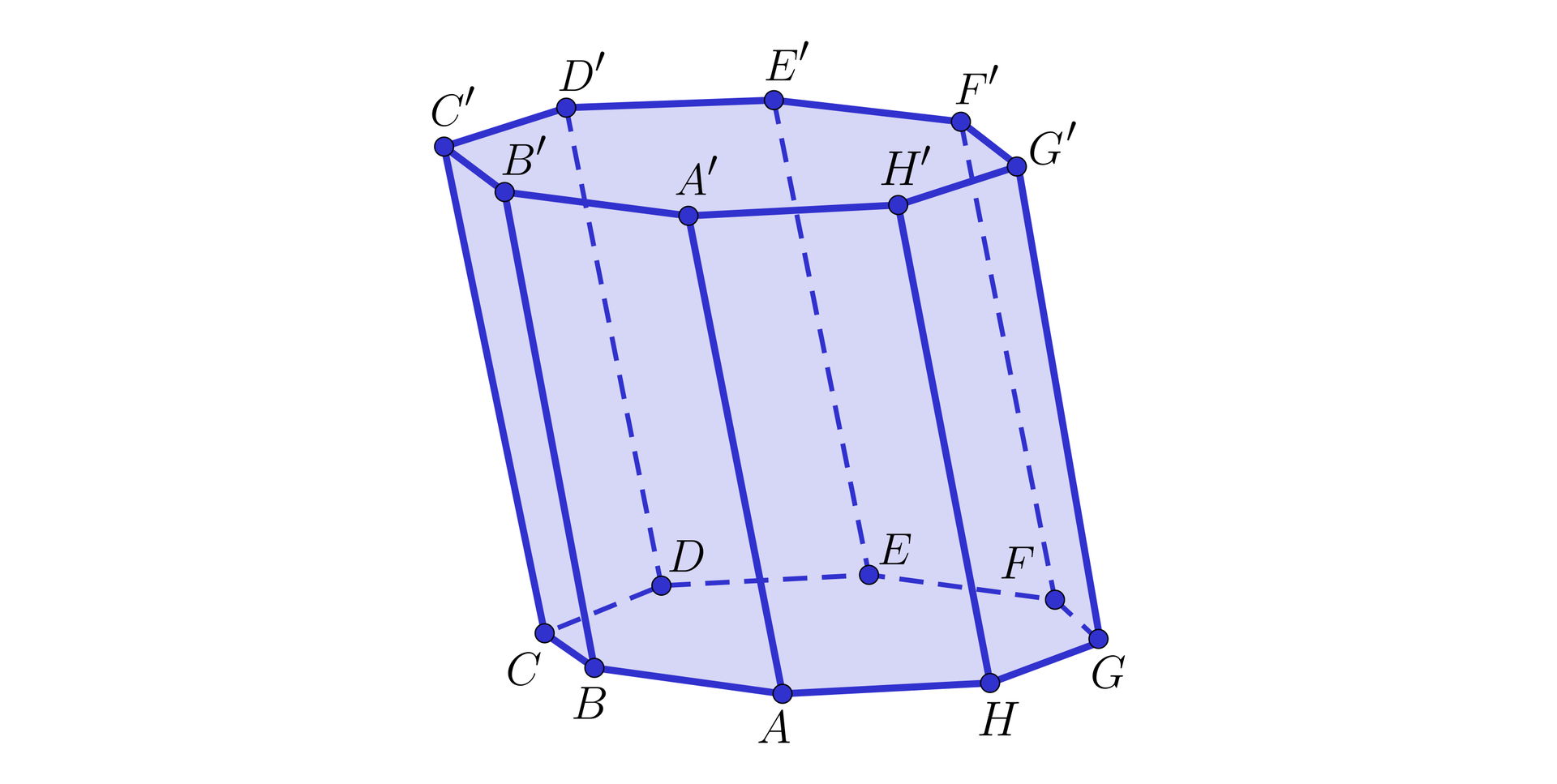 Ilustracja przedstawia graniastosłup pochylony o podstawie ośmiokąta. Wierzchołki dolnej podstawy to: A B C D E F H G. Wierzchołki górnej podstawy to: A' B' C' D' E' F' G' H'.
