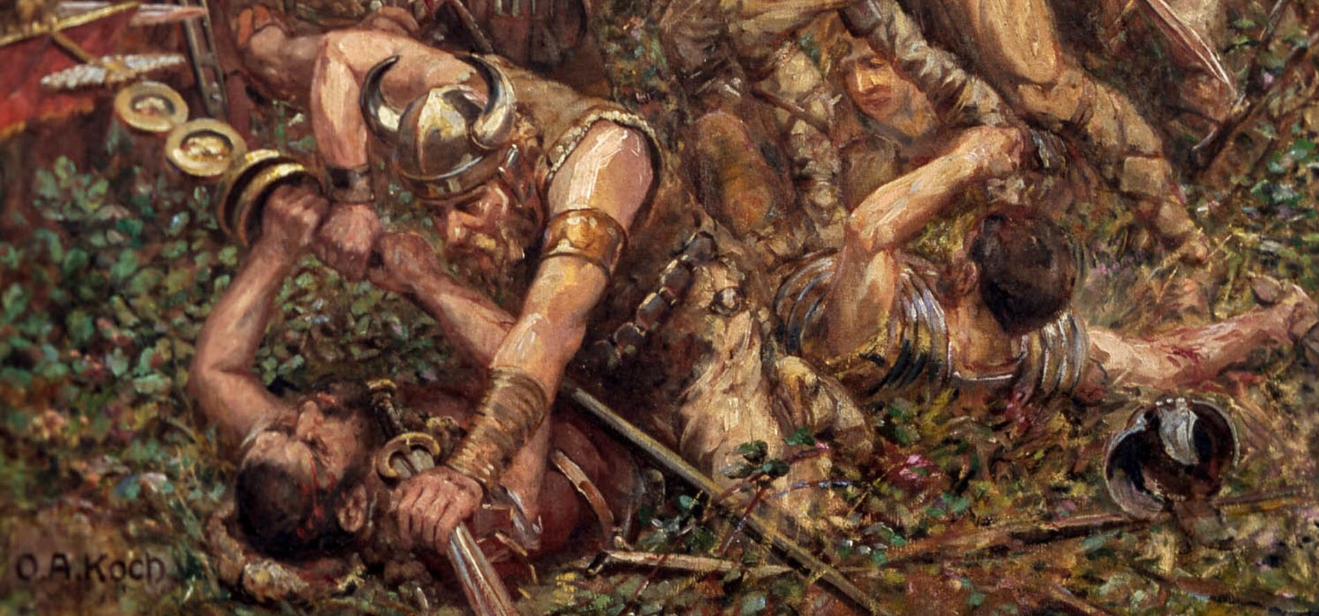 Fragment obrazu Bitwa w Lesie Teutoburskim. Fragment ukazuje wojownika germańskiego przygniatającego bronią do ziemi legionistę rzymskiego. W tle widoczne są ciała innych legionistów tratowanych przez siły germańskie. 