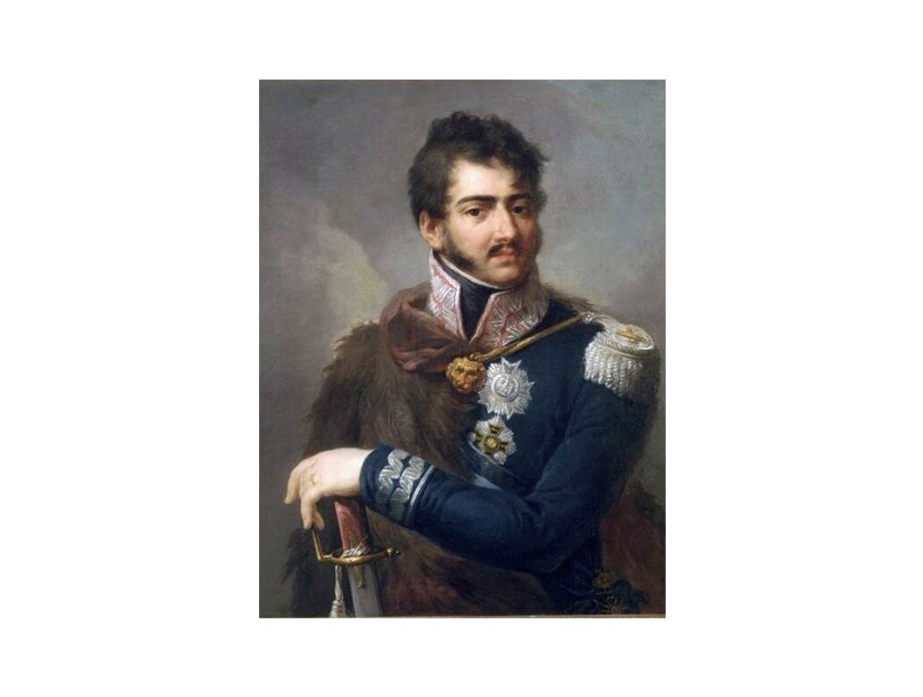 Portret Józefa Poniatowskiego stoi lekko zwrócony w lewo, z twarzą zwróconą w prawo. Dłoń podpiera na szabli, jego prawy bok jest zakryty futrem, druga połowa ukazuje mundur z wielkimi medalami.