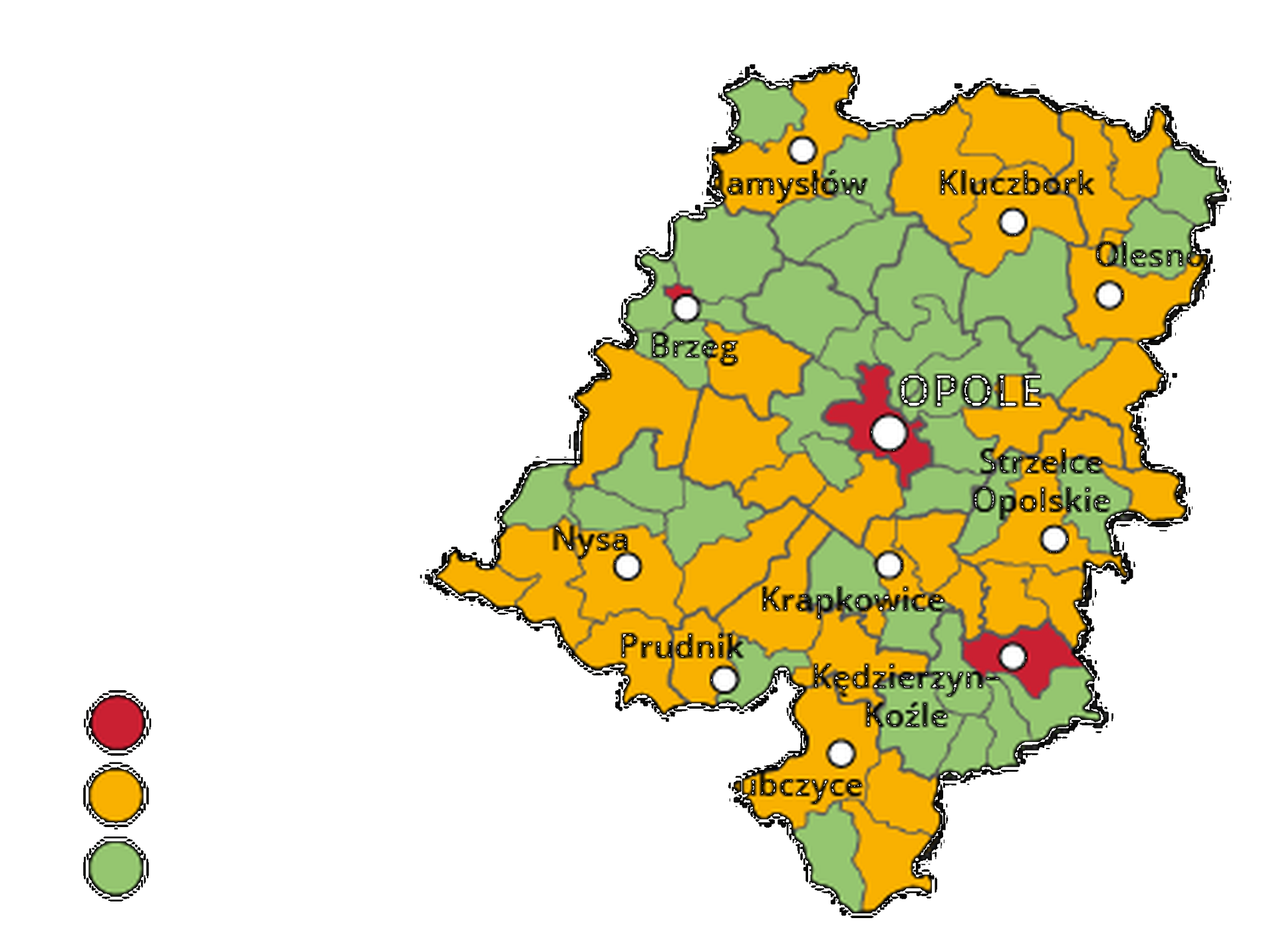 Mapa województwa opolskiego. Na mapie szarymi liniami zaznaczono granice powiatów ziemskich, białymi kropkami zaznaczono miasta będące stolicami powiatów. W obrębie powiatów ziemskich kolorami wyróżniono gminy miejskie (na czerwono), miejsko‑wiejskie (na żółto) i wiejskie (na zielono). Stolicą województwa jest Opole. Stolicami gmin miejskich są Opole, Brzeg, Kędzierzyn Koźle. Stolicami gmin miejsko‑wiejskich są Olesno, Strzelce Opolskie, Krapkowice, Głubczyce, Namysłów, Kluczbork, Nysa, Prudnik.