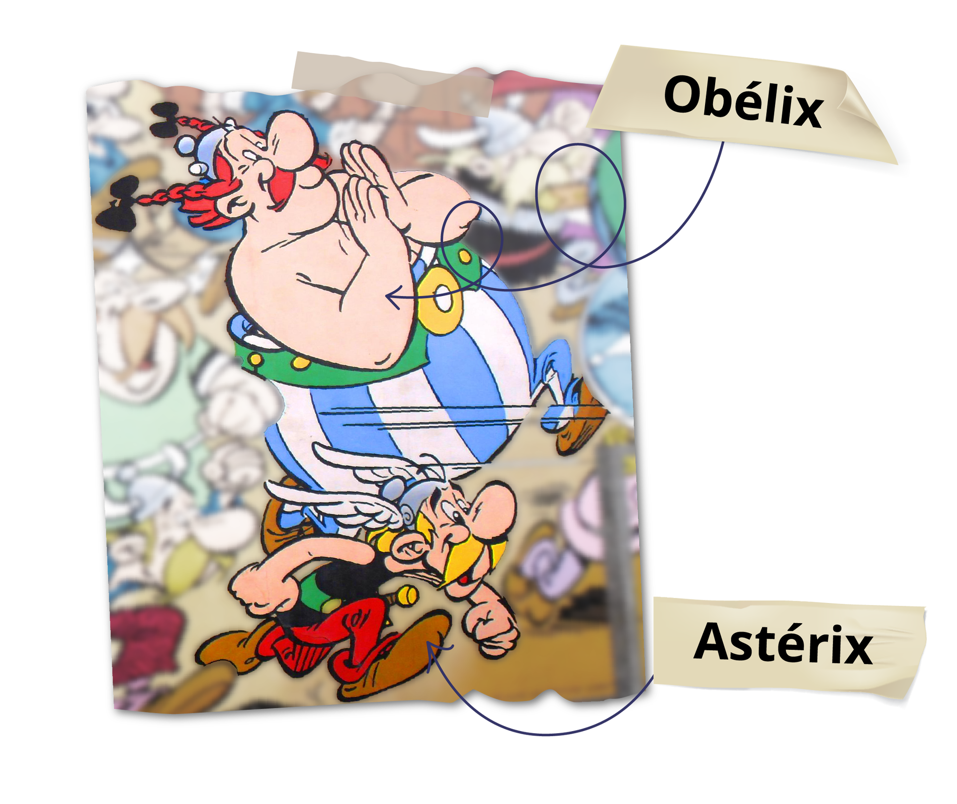 Zdjęcie przedstawia postacie z komiksu i serii filmowej 'Asterix i Obelix'. U dołu widzimy Asterixa, który jest małym, nieustraszonym Gallem. Noszący charakterystyczny hełm ze skrzydłami oraz czerwone spodnie. Ma blond włosy oraz długie blond wąsy. Nad nim stoi Obelix, który jest dużo większy od niego i ubrany w swoją ulubioną odzież, składającą się z długich niebieskich spodni w paski i zielonego pasa. Ma długie rude włosy.