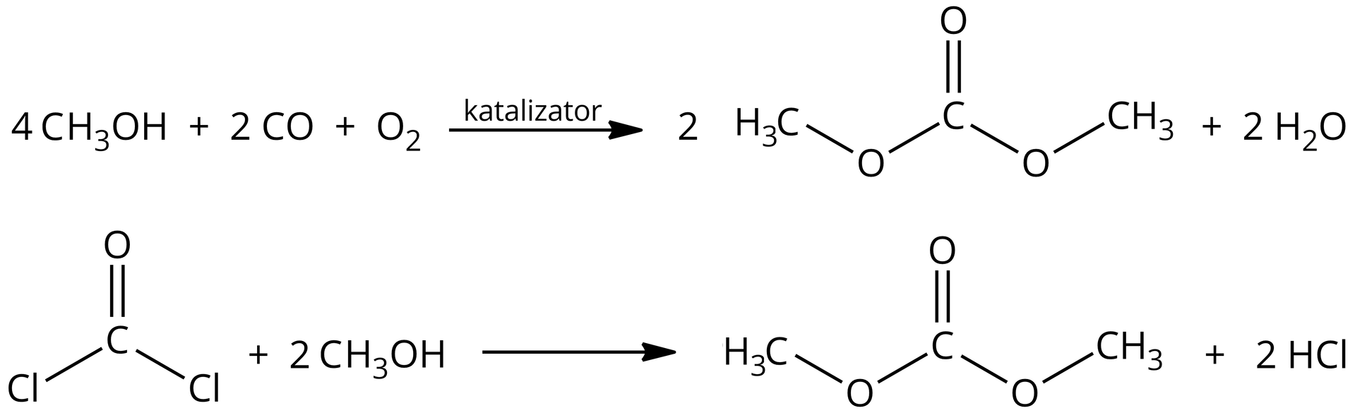 Ilustracja przedstawiająca dwa równania reakcji. Pierwsze równanie. Cztery cząsteczki CH3OH, dodać dwie cząsteczki tlenku węgla(<math aria‑label="dwa">II) CO, dodać cząsteczkę O2. Strzałka w prawo, nad strzałką zapis "katalizator", za strzałką dwie cząsteczki zbudowane z atomu węgla połączonego za pomocą wiązania podwójnego z atomem tlenu oraz za pomocą wiązań pojedynczych z dwiema grupami OCH3. Dodać dwie cząsteczki wody H2O. Drugie równanie. Cząsteczka zbudowana z atomu węgla połączonego za pomocą wiązania podwójnego z atomem tlenu oraz za pomocą wiązań pojedynczych z dwoma atomami chloru. Dodać dwie cząsteczki CH3OH. Strzałka w prawo, za strzałką cząsteczka zbudowana z atomu węgla połączonego za pomocą wiązania podwójnego z atomem tlenu oraz za pomocą wiązań pojedynczych z dwiema grupami OCH3, dodać dwie cząsteczki HCl.