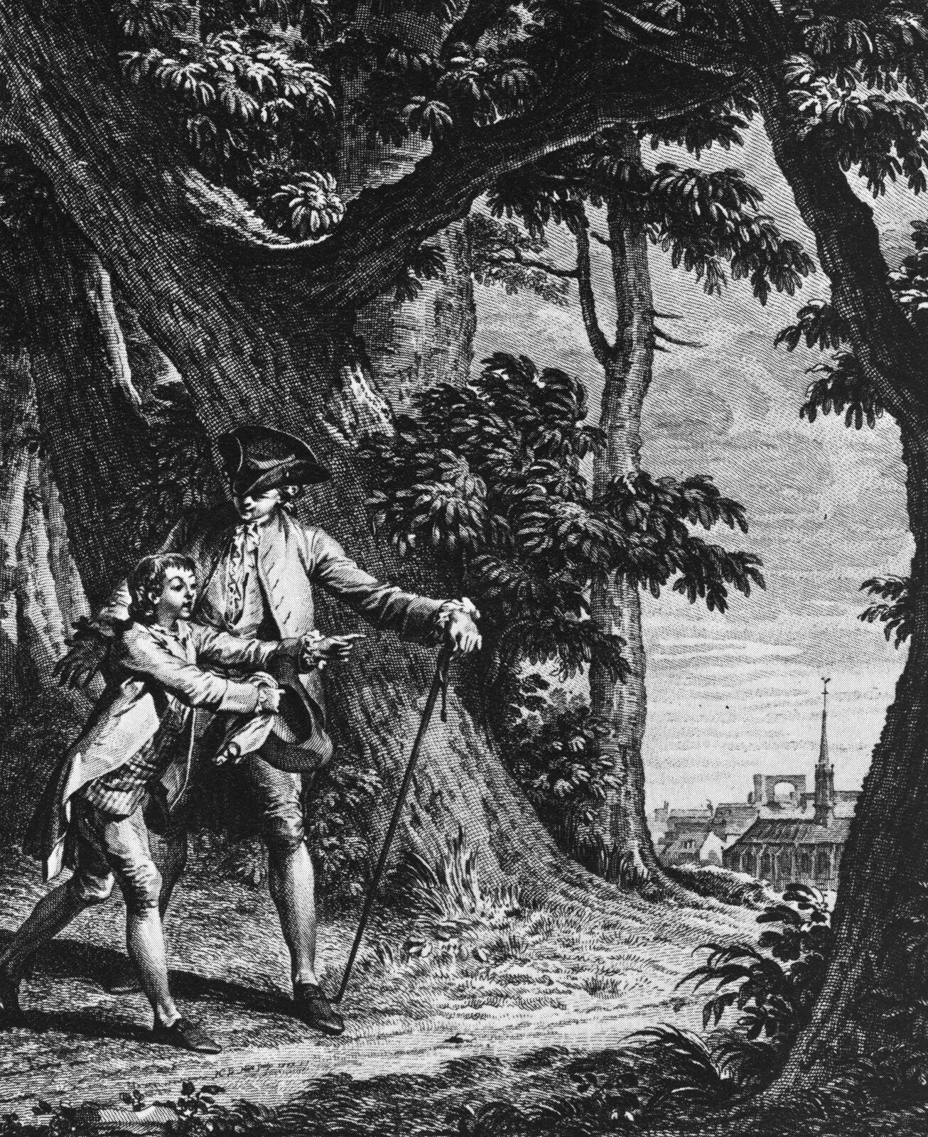 Ilustracja przedstawia mężczyznę i chłopca stojących wśród drzew. Chłopiec zauważył coś i pokazuje to palcem. W tle widoczna jest budowla kościoła z wysoką wieżą. 