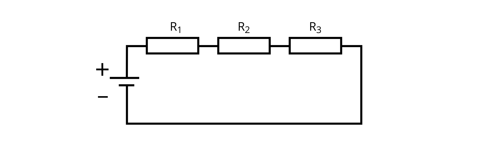 Ilustracja przedstawia schemat układu elektrycznego. Na obrysie prostokąta, na górnym boku trzy prostokąty narysowane są obok siebie i opisane od lewej R z indeksem dolnym 1, R z indeksem dolnym 2, R z indeksem dolnym 3 - oporniki połączone szeregowo. Na lewym boku prostokąta źródło zasilania ( od dołu krótka kreska pozioma opisana minus, puste miejsce, dłuższa kreska pozioma opisana plus).